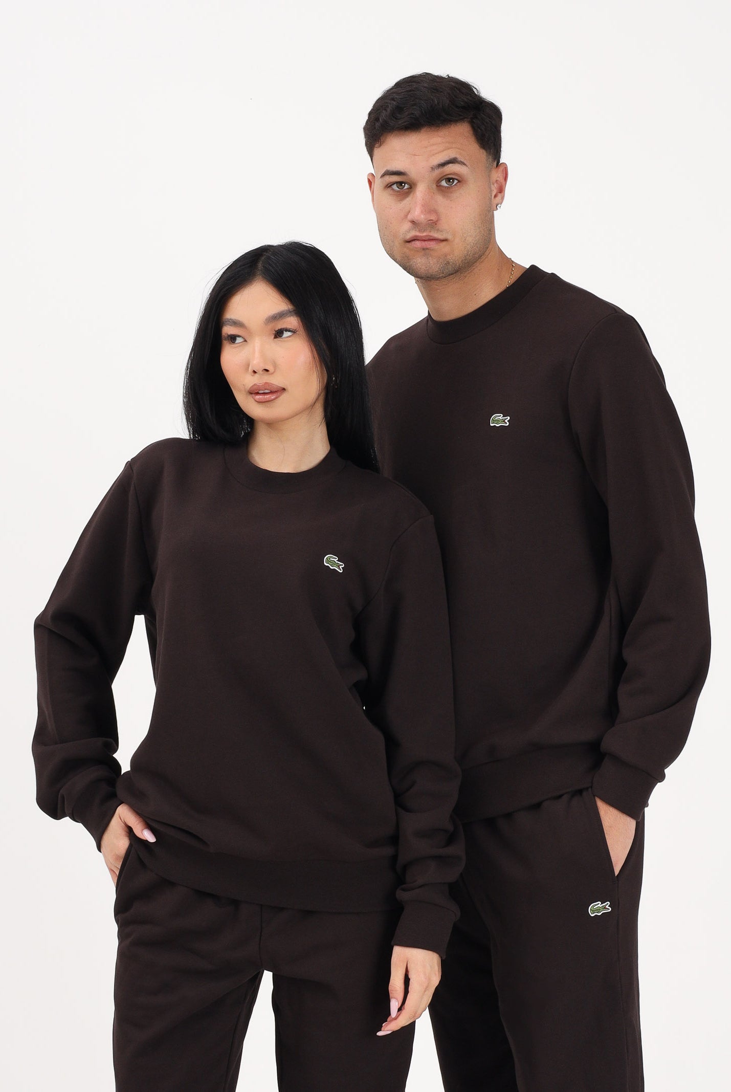 LACOSTE Felpa girocollo marrone per uomo e donna con patch coccodrillo SH9801 3LA LACOSTE