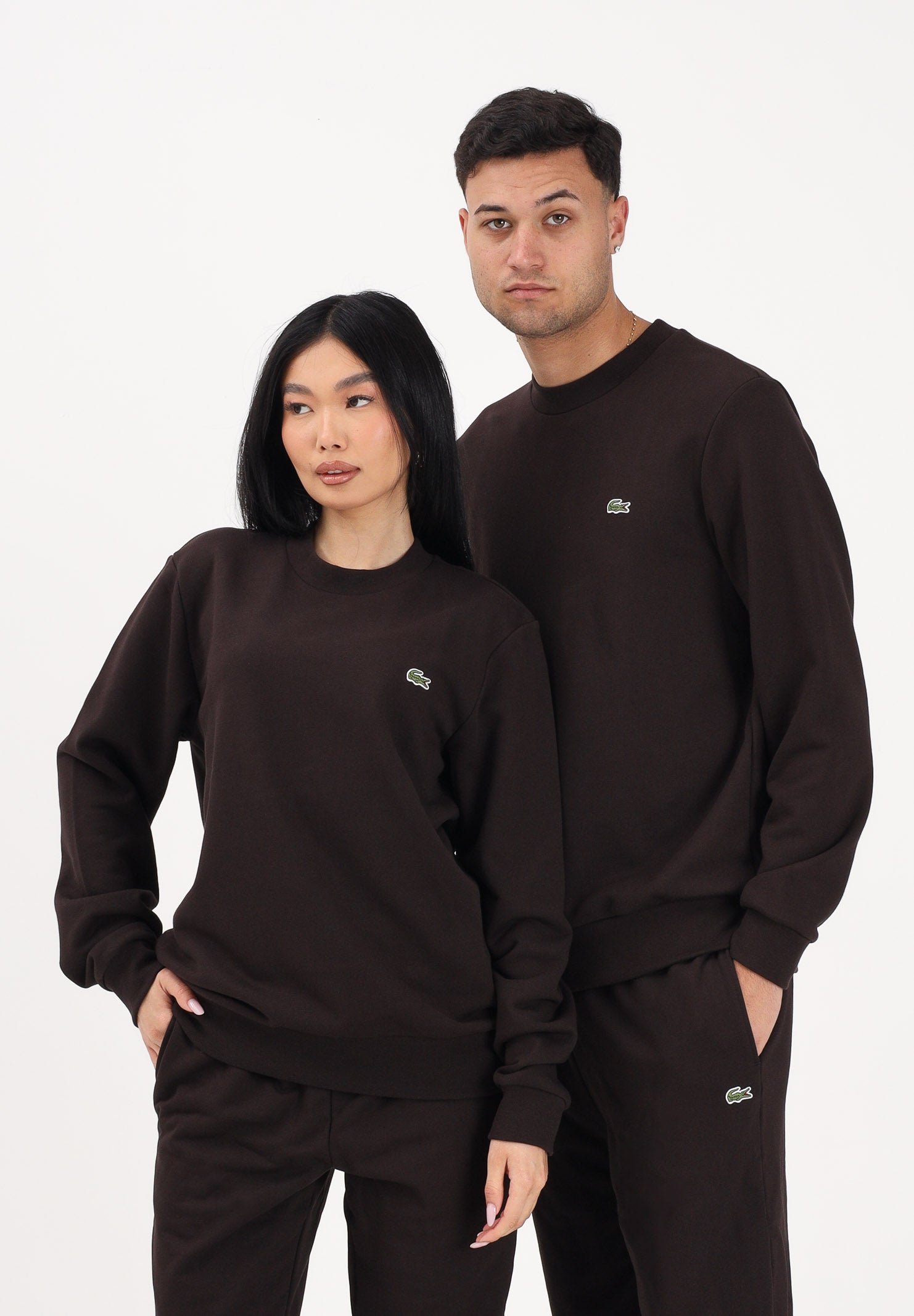 LACOSTE Felpa girocollo marrone per uomo e donna con patch coccodrillo SH9801 3LA LACOSTE