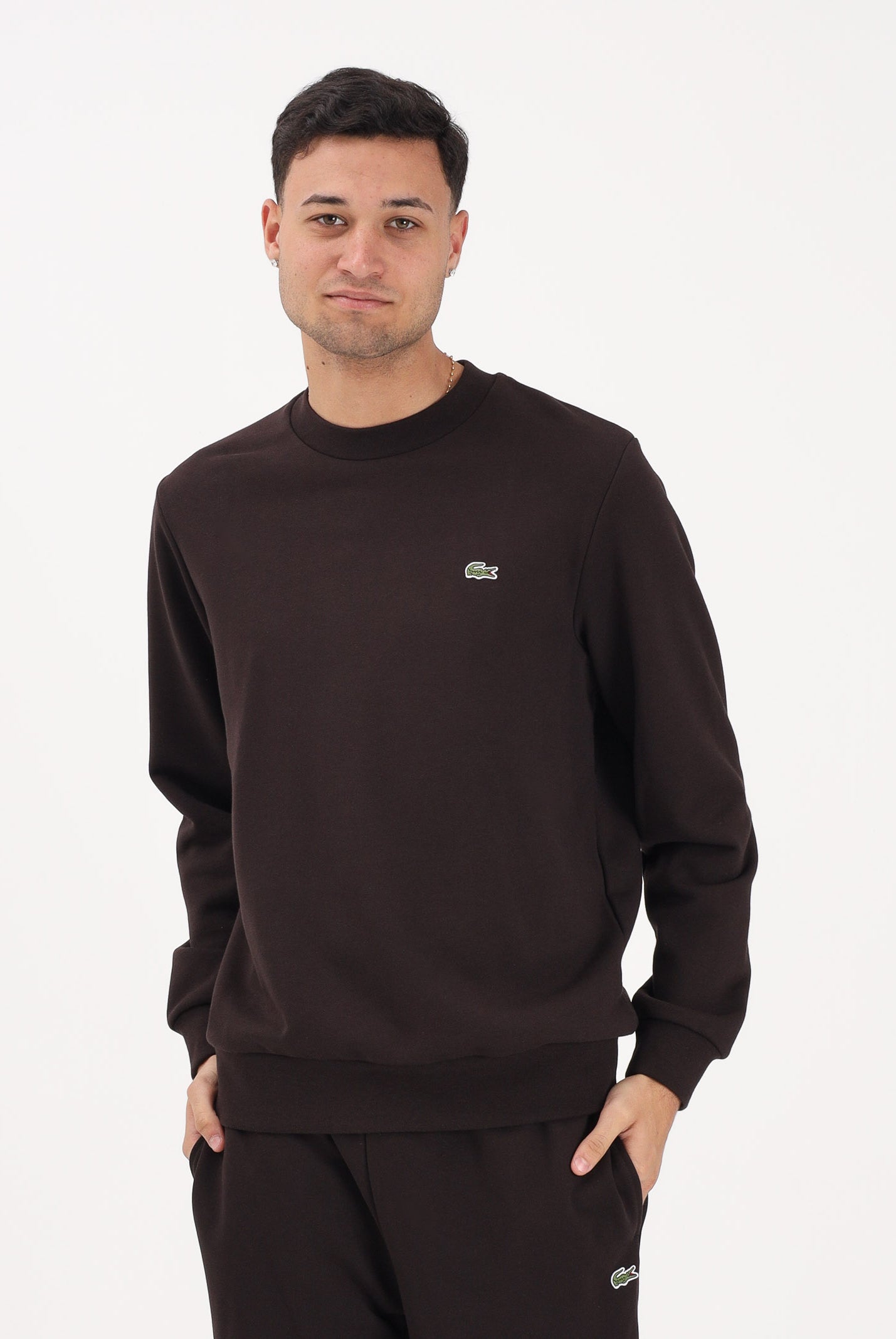 LACOSTE Felpa girocollo marrone per uomo e donna con patch coccodrillo SH9801 3LA LACOSTE