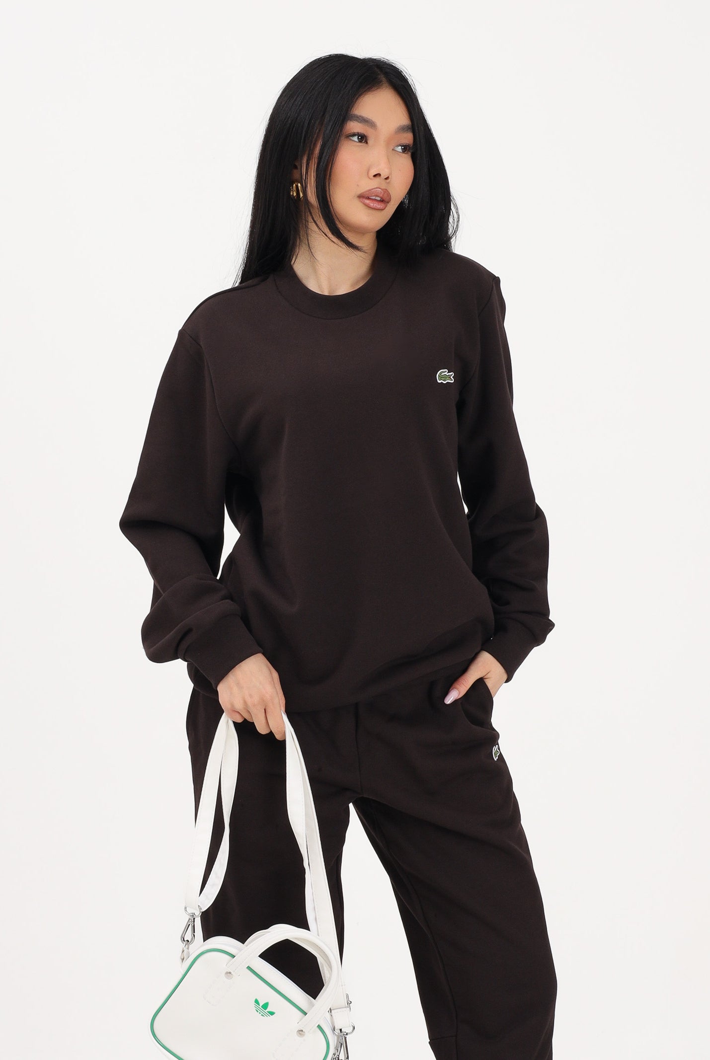 LACOSTE Felpa girocollo marrone per uomo e donna con patch coccodrillo SH9801 3LA LACOSTE