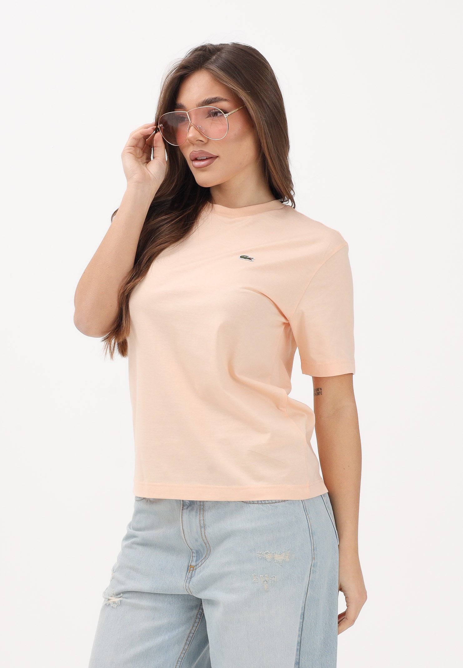 LACOSTE T-shirt a manica corta rosa pesca da donna con patch logo TF7215 BIG LACOSTE