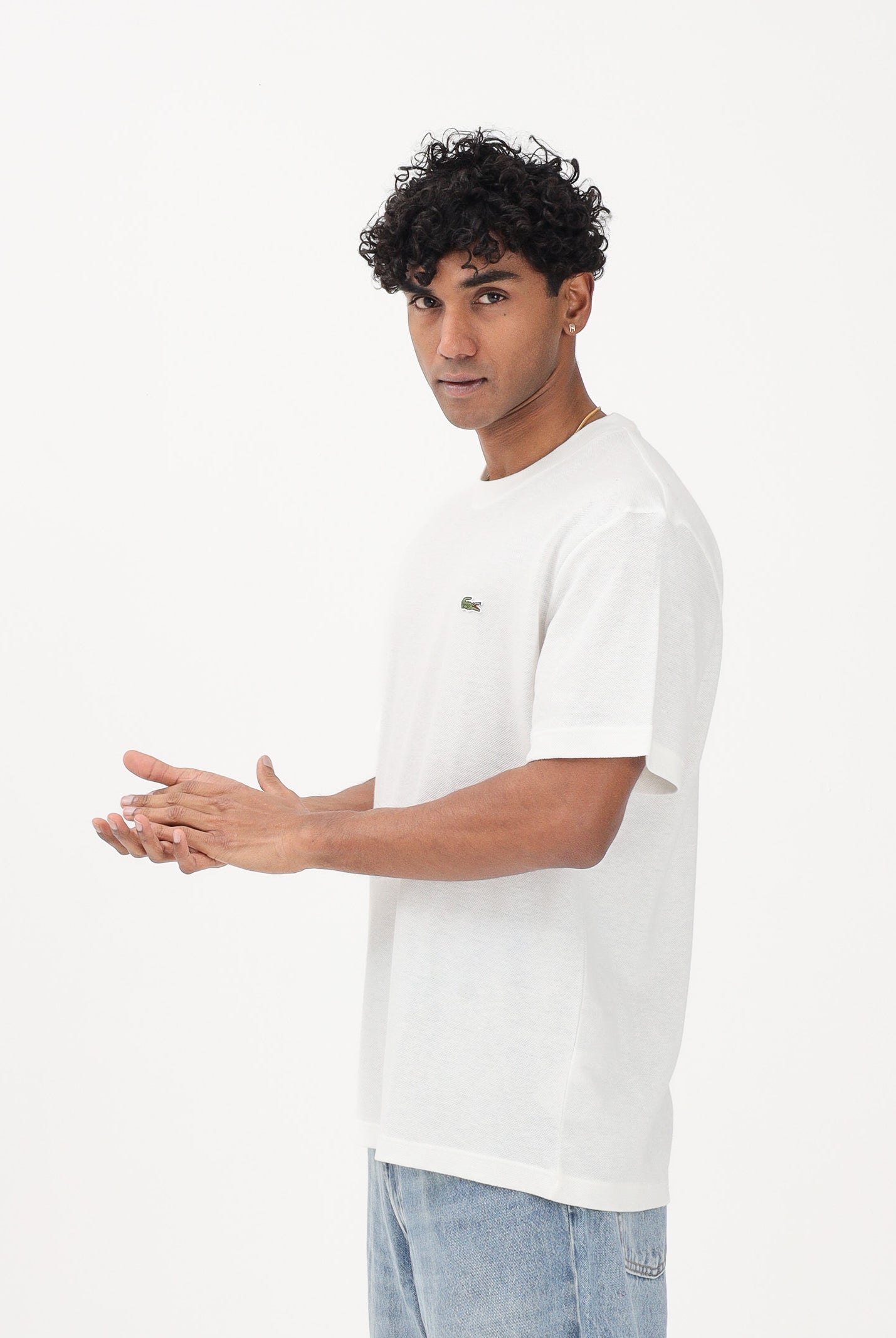 LACOSTE T-shirt a manica corta bianca da uomo in piqué pesante di cotone e lino TH0629 70V LACOSTE