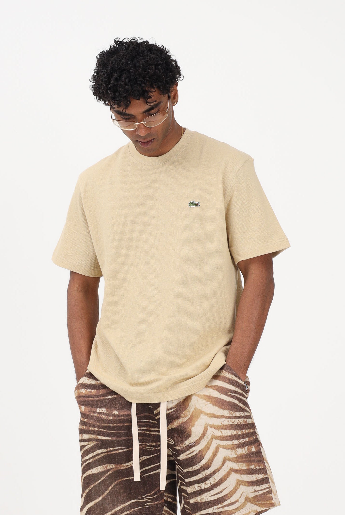 LACOSTE T-shirt a manica corta beige da uomo in piqué pesante di cotone e lino TH0629 8XF LACOSTE