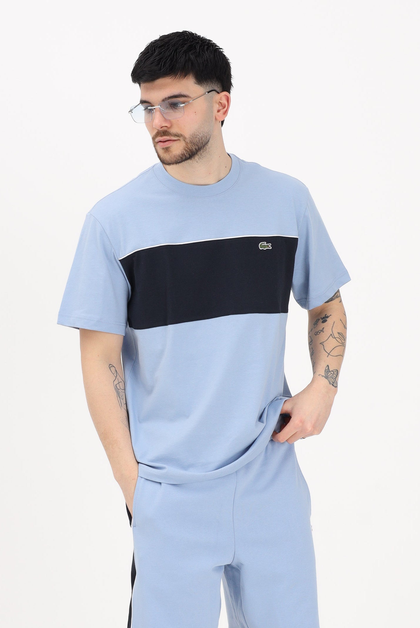 LACOSTE T-shirt a manica corta celeste da uomo con motivo color block TH0896 3PT LACOSTE