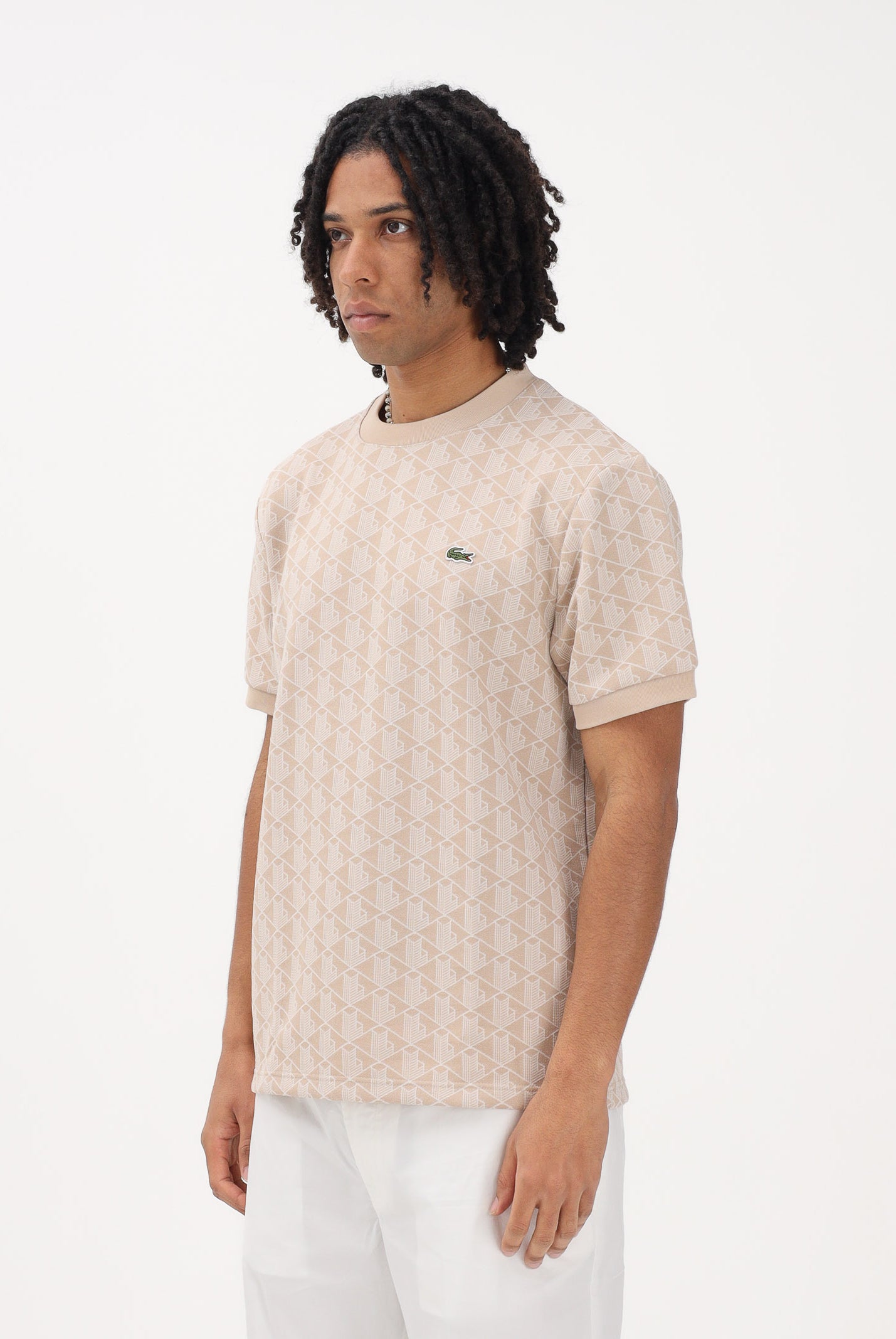 LACOSTE T-shirt a manica corta beige da uomo con monogramma jacquard TH1197 8GI LACOSTE