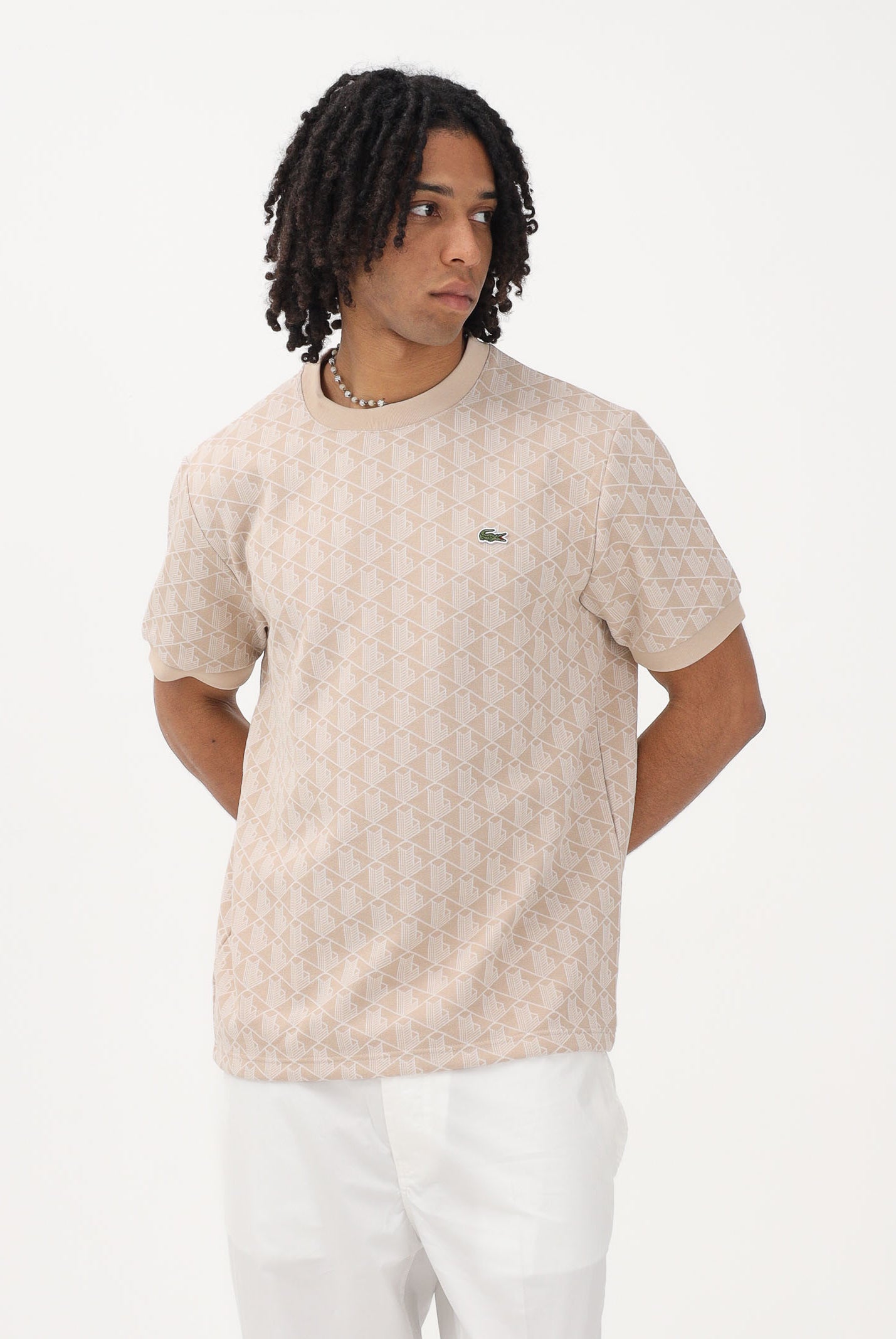 LACOSTE T-shirt a manica corta beige da uomo con monogramma jacquard TH1197 8GI LACOSTE