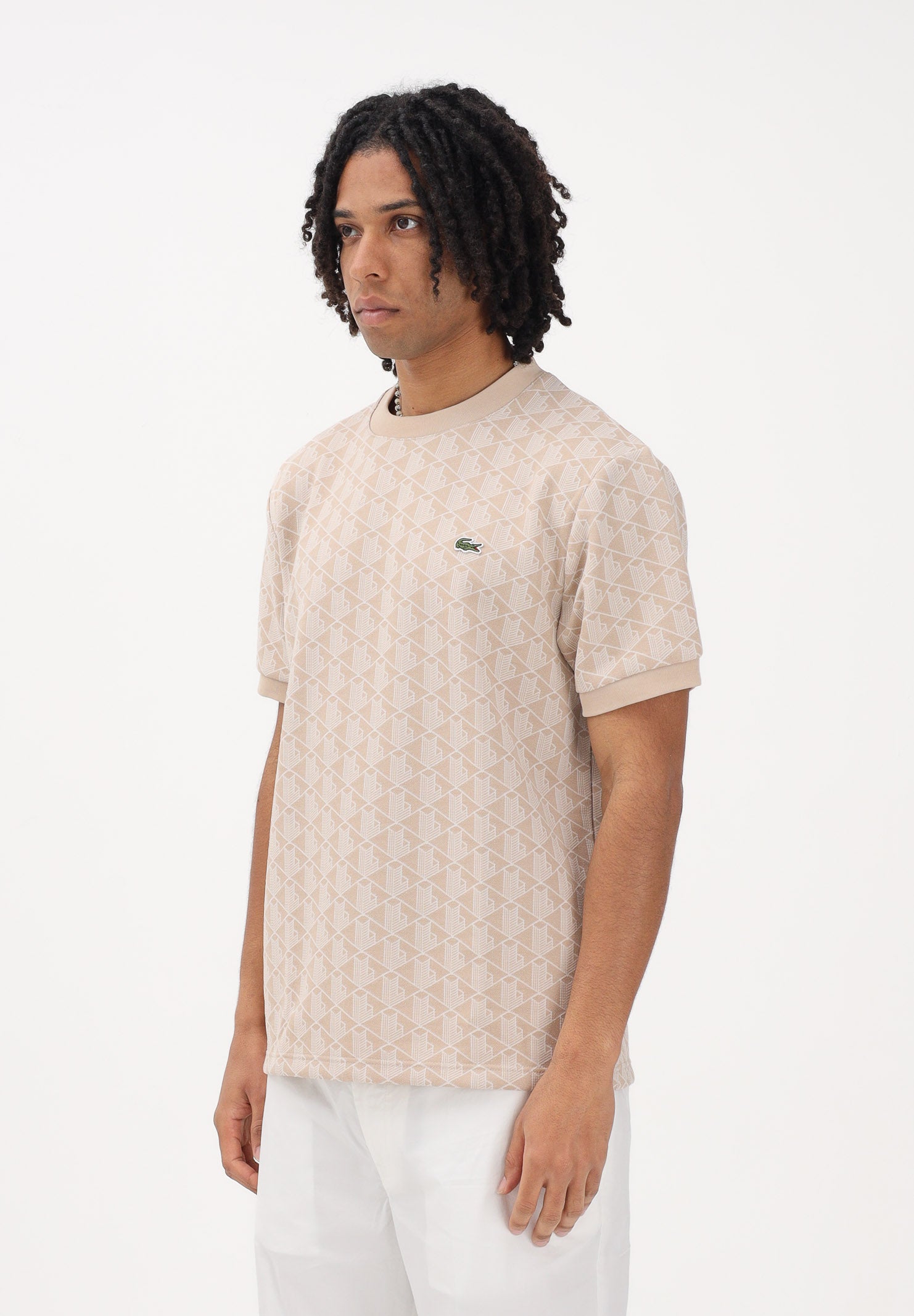 LACOSTE T-shirt a manica corta beige da uomo con monogramma jacquard TH1197 8GI LACOSTE