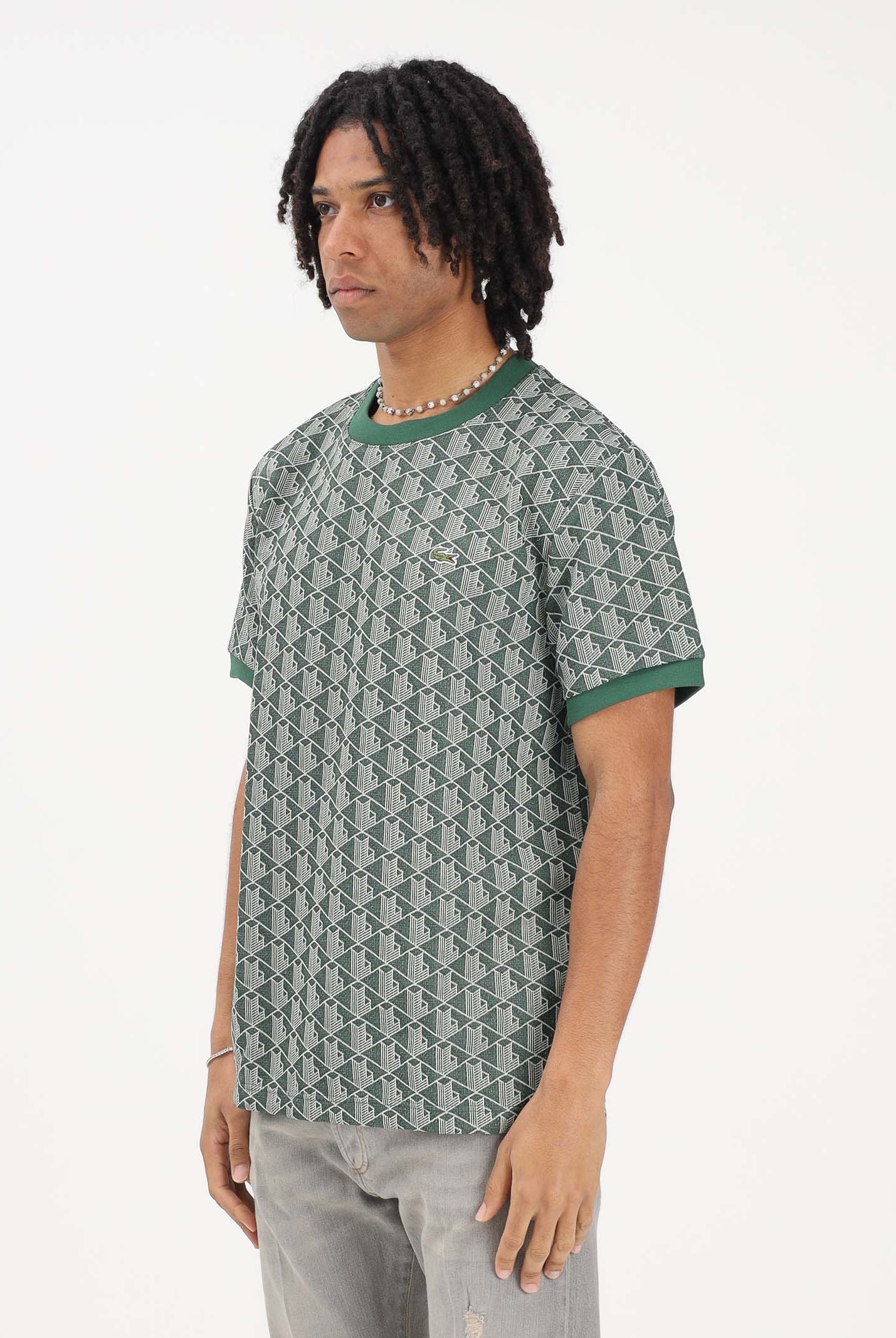 LACOSTE T-shirt a manica corta verde da uomo con monogramma jacquard TH1197 D1R LACOSTE