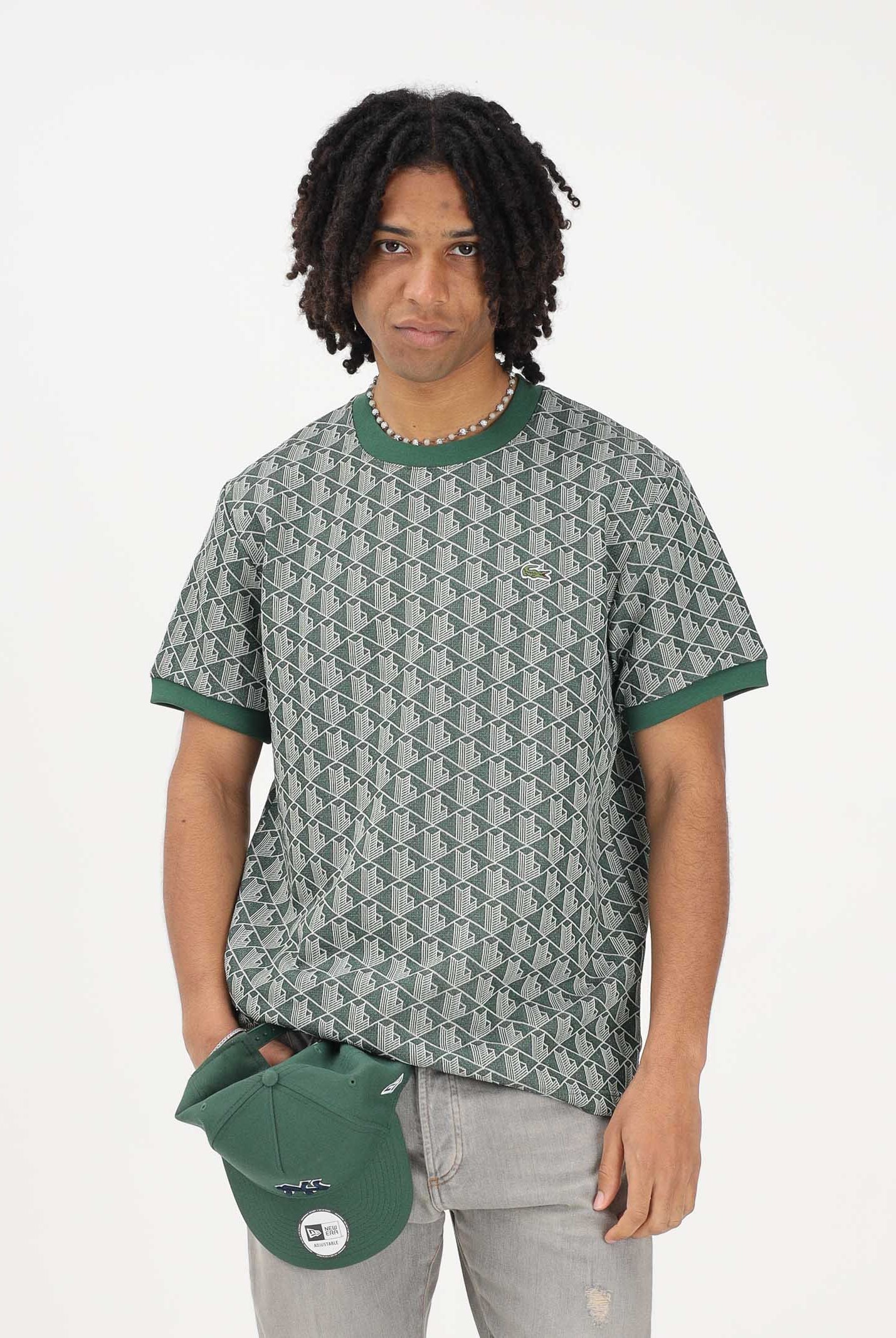 LACOSTE T-shirt a manica corta verde da uomo con monogramma jacquard TH1197 D1R LACOSTE