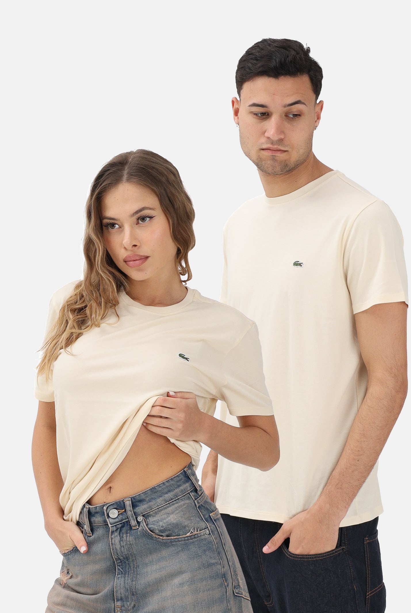 LACOSTE T-shirt a manica corta panna per uomo e donna con patch logo TH6709 056 LACOSTE