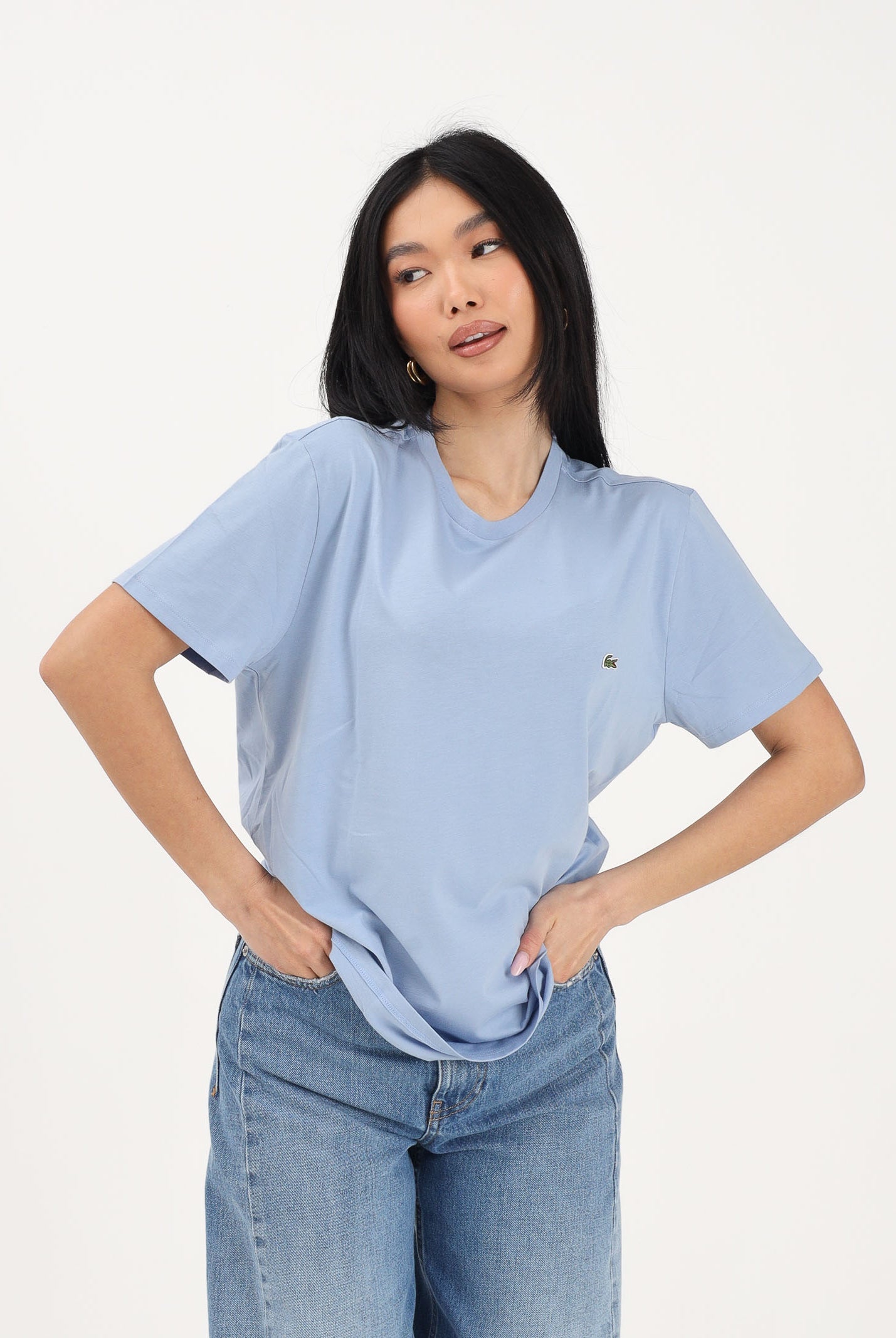 LACOSTE T-shirt a manica corta celeste per uomo e donna con patch logo TH6709 AEY LACOSTE