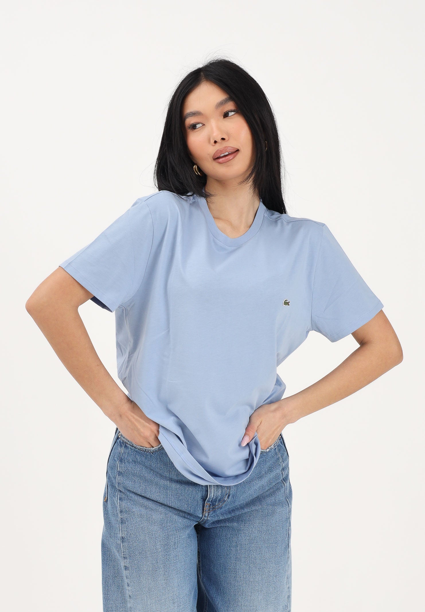 LACOSTE T-shirt a manica corta celeste per uomo e donna con patch logo TH6709 AEY LACOSTE