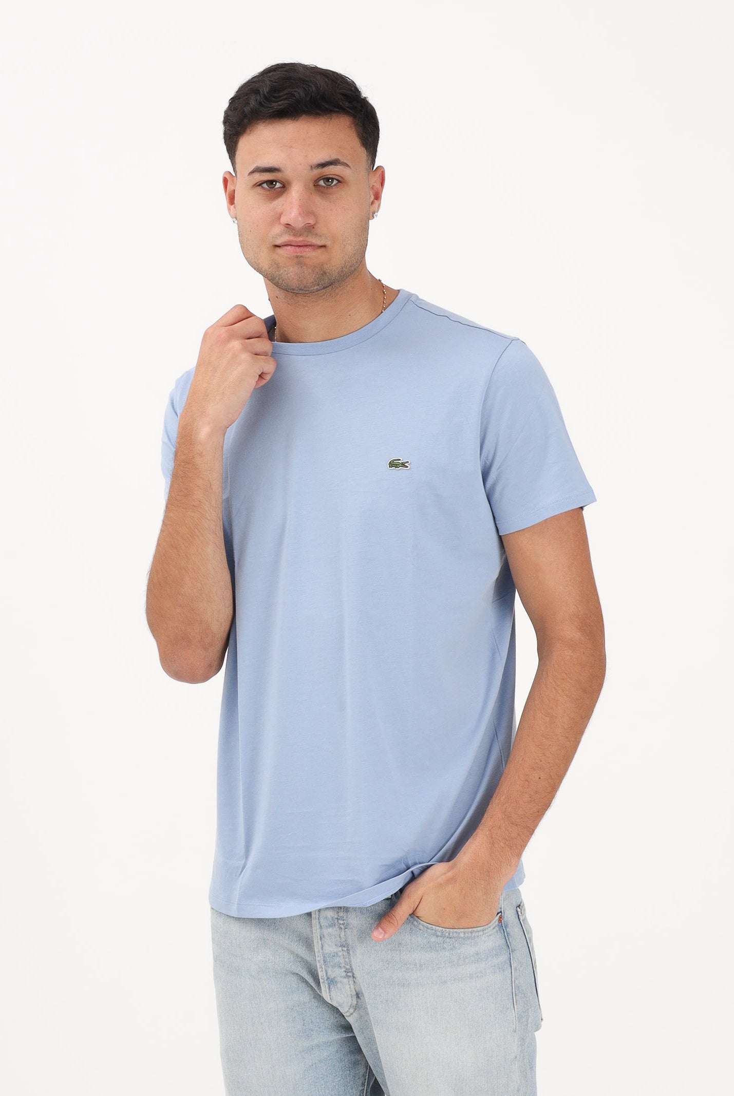 LACOSTE T-shirt a manica corta celeste per uomo e donna con patch logo TH6709 AEY LACOSTE