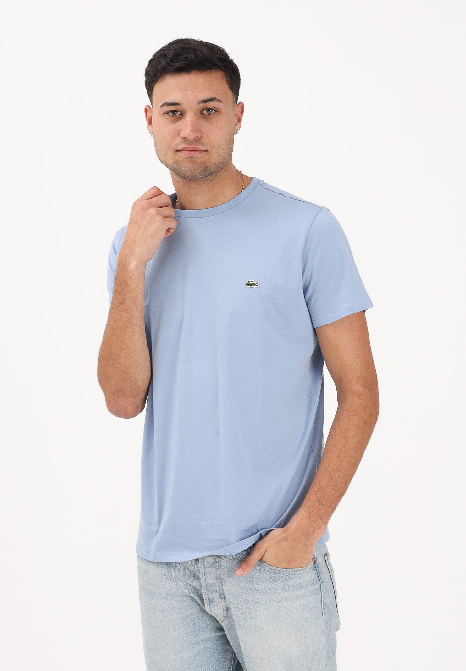 LACOSTE T-shirt a manica corta celeste per uomo e donna con patch logo TH6709 AEY LACOSTE