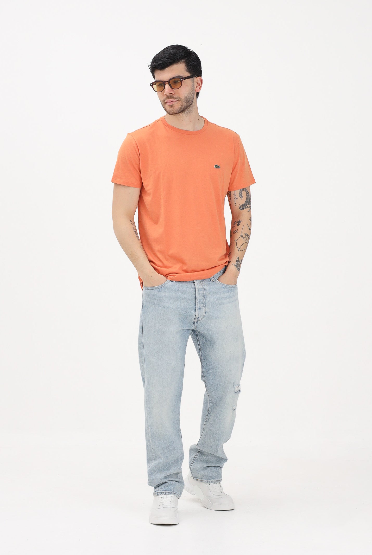 LACOSTE T-shirt a manica corta arancione per uomo e donna con patch logo TH6709 IY0 LACOSTE