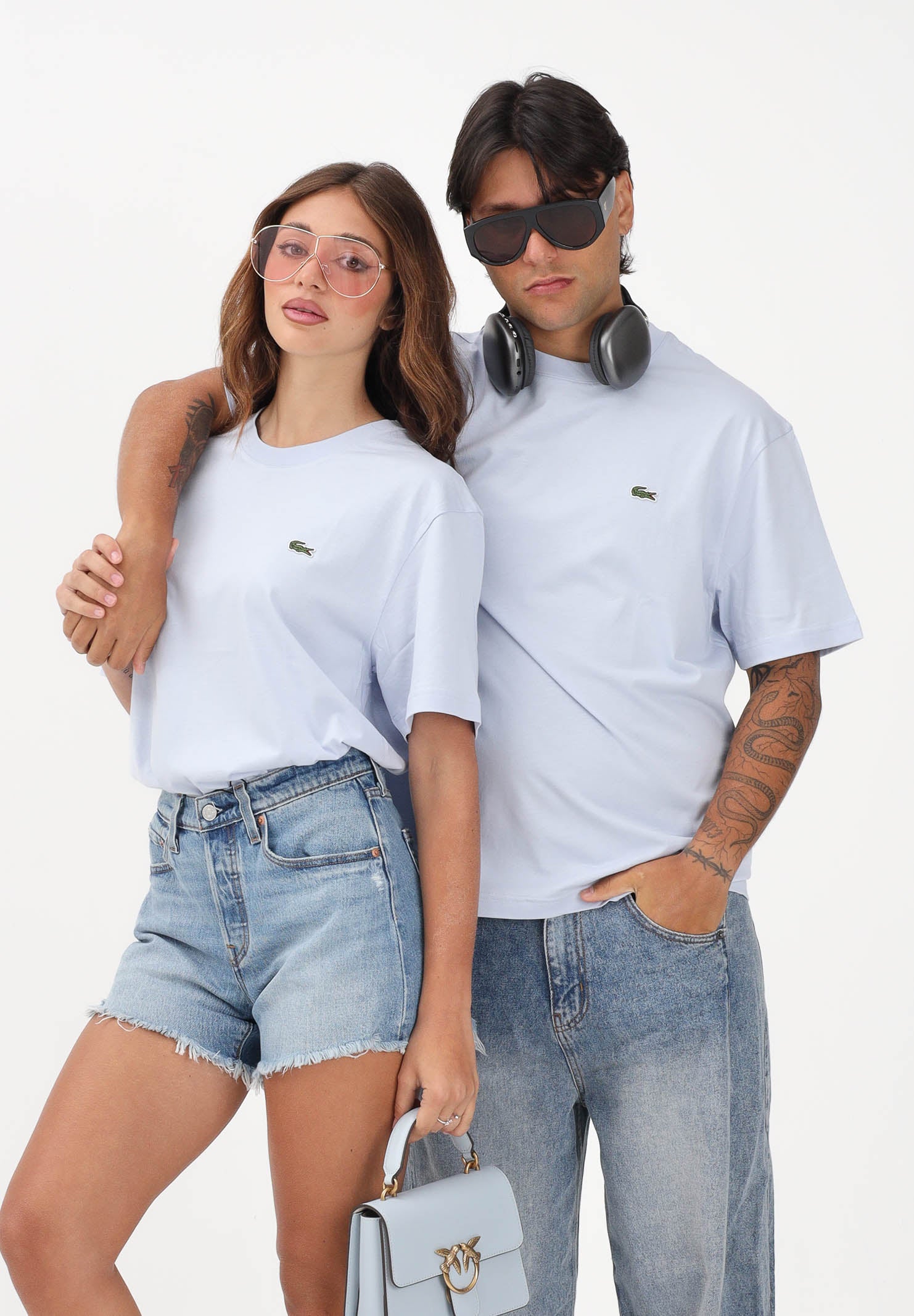 LACOSTE T-shirt a manica corta celeste per uomo e donna con patch coccodrillo TH7318 J2G LACOSTE