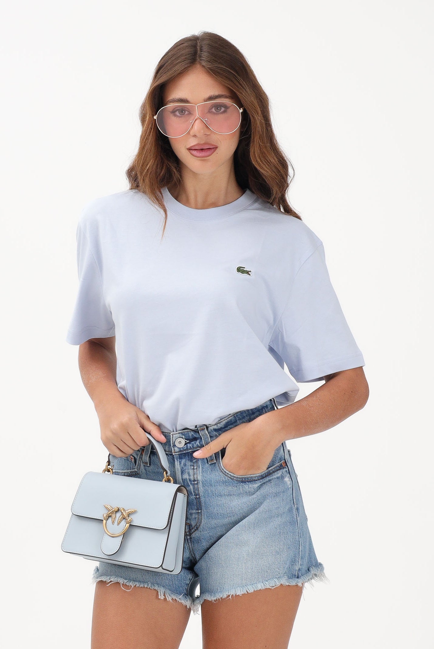LACOSTE T-shirt a manica corta celeste per uomo e donna con patch coccodrillo TH7318 J2G LACOSTE