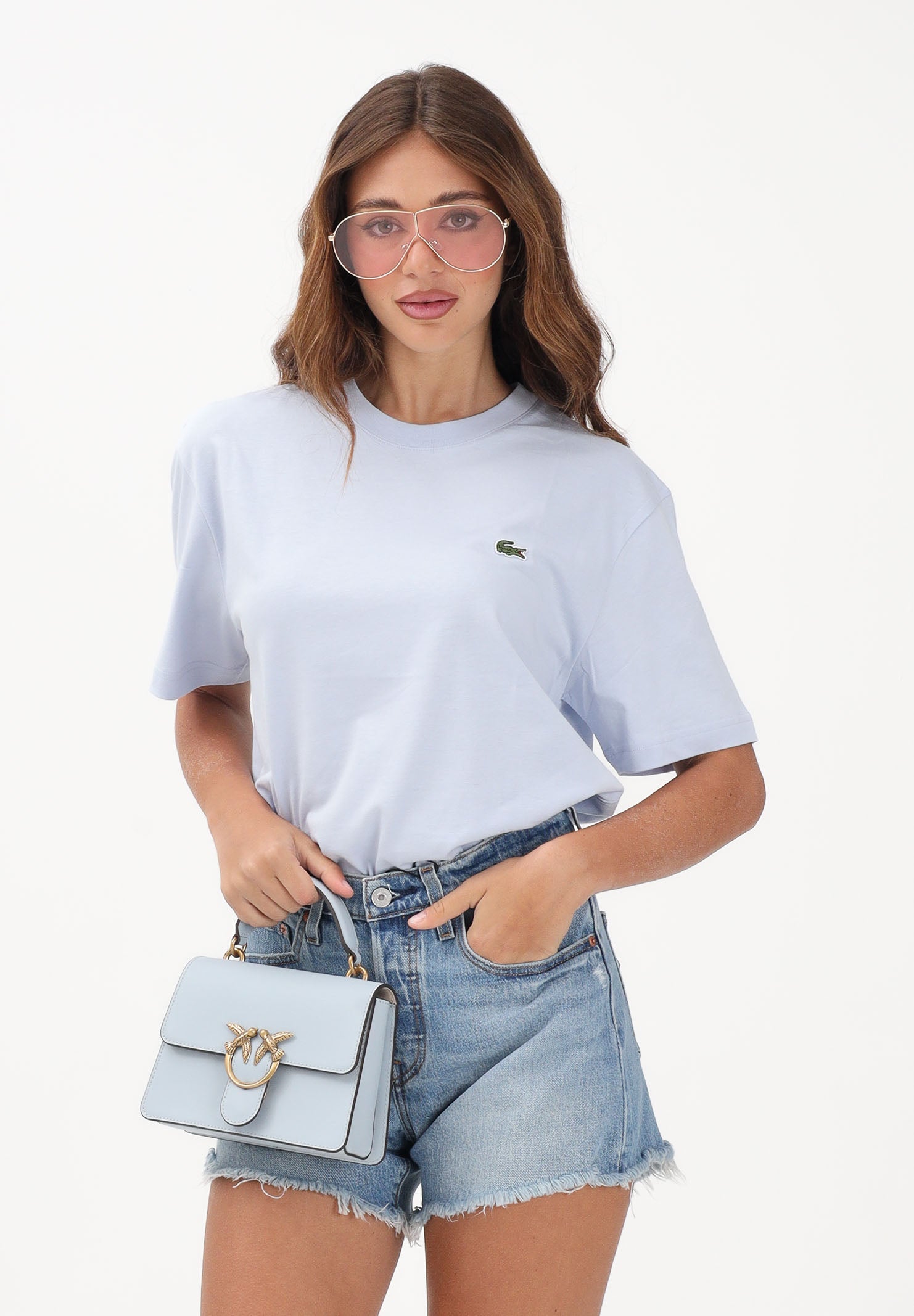 LACOSTE T-shirt a manica corta celeste per uomo e donna con patch coccodrillo TH7318 J2G LACOSTE