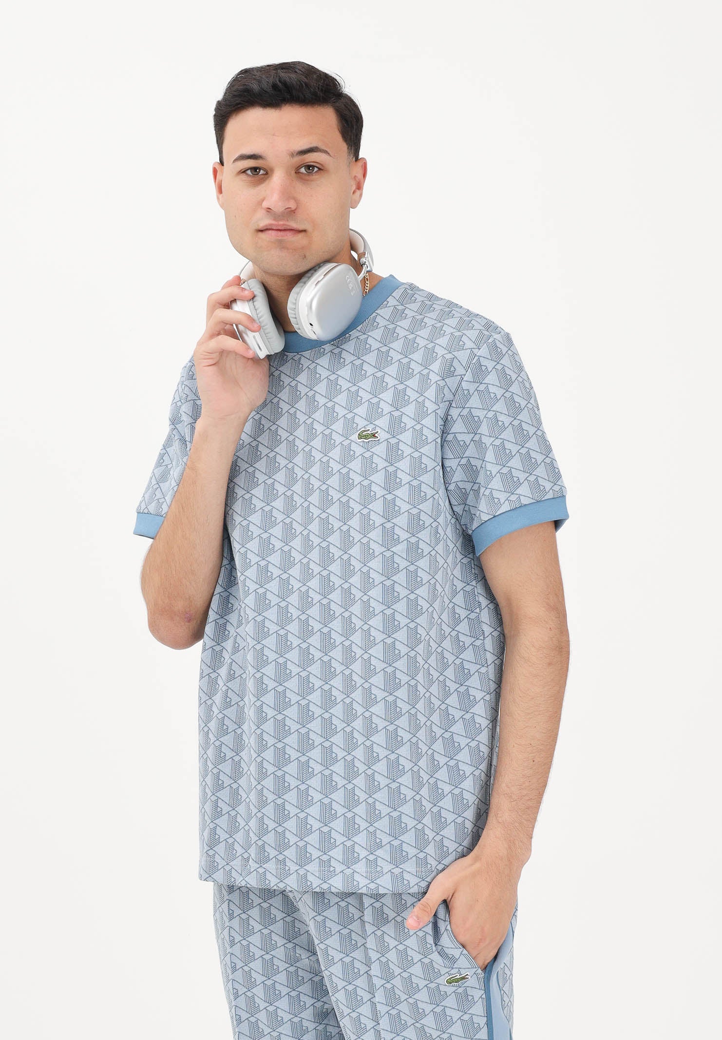 LACOSTE T-shirt a manica corta azzurra da uomo con monogramma jacquard TH1197 1QI LACOSTE