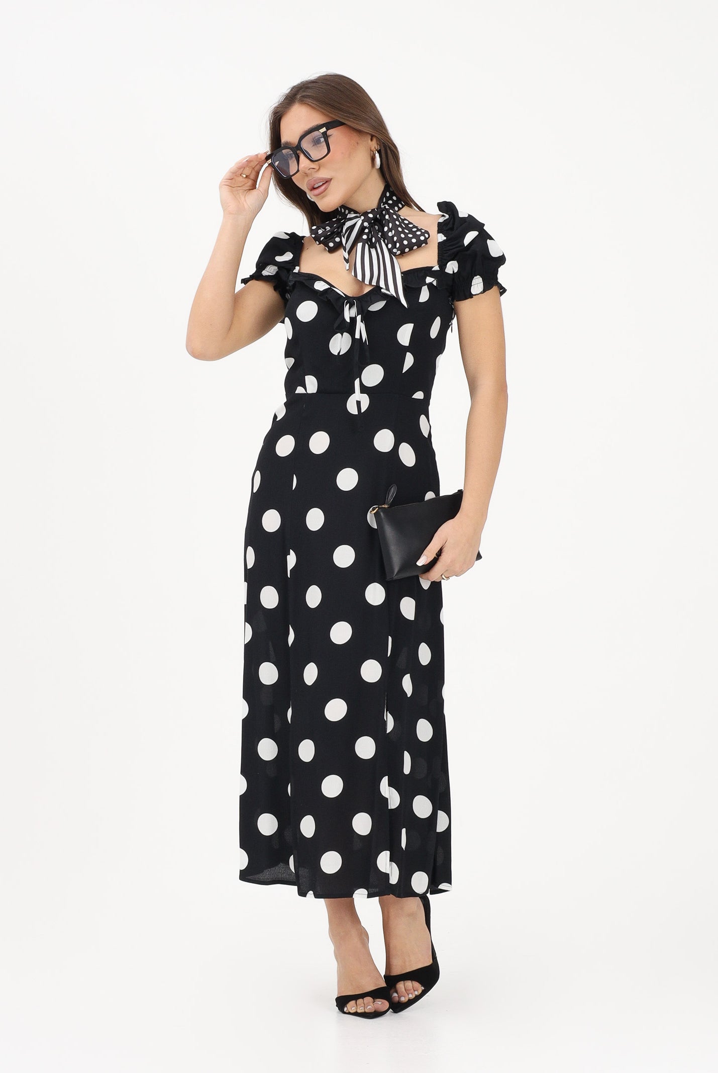 MAR DE MARGARITAS Abito midi Nikita nero da donna con stampa a pois MMABW01534 NE140 Mar de margaritas