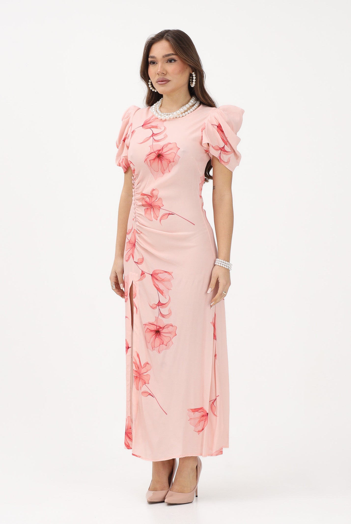 MAR DE MARGARITAS Abito midi Kristel nude da donna con stampa floreale MMABW01537 AR14 Mar de margaritas