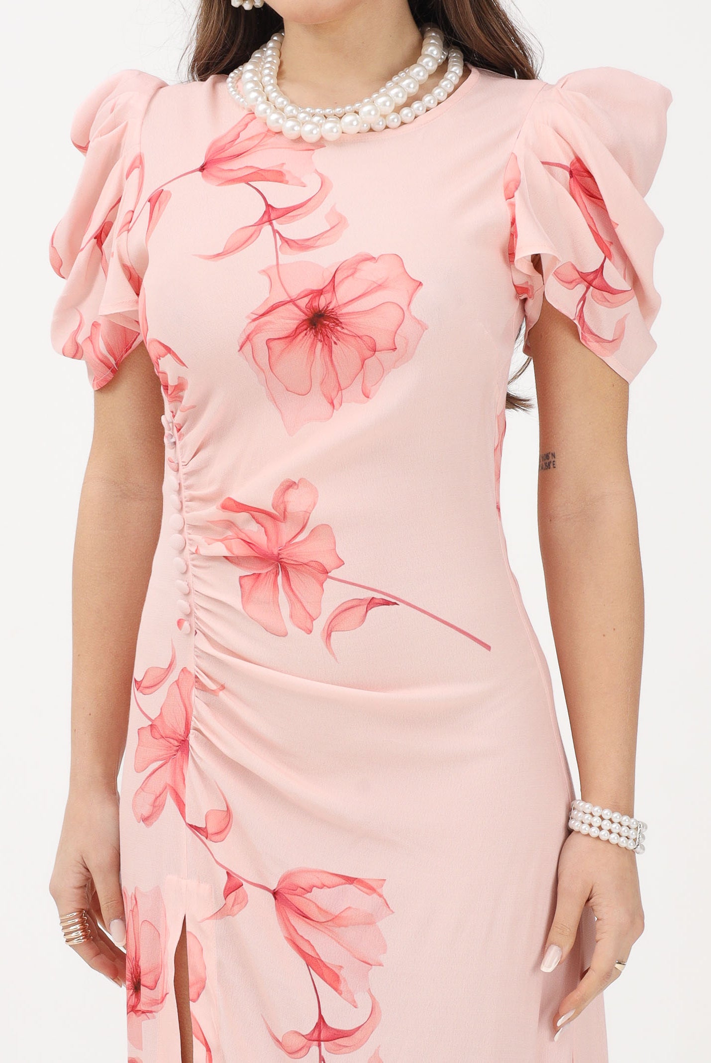 MAR DE MARGARITAS Abito midi Kristel nude da donna con stampa floreale MMABW01537 AR14 Mar de margaritas