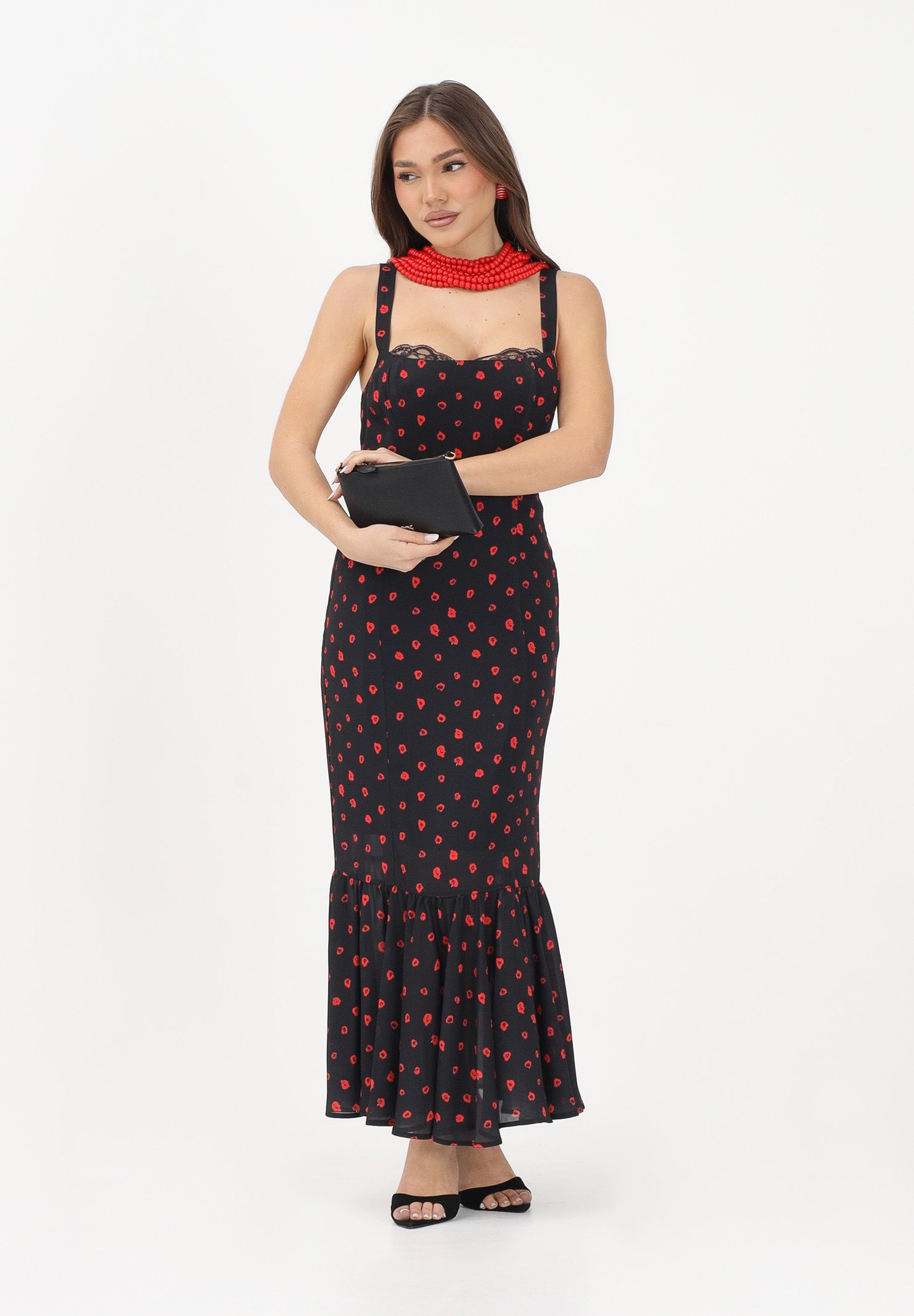 MAR DE MARGARITAS Abito midi Denise nero da donna con micro stampa floreale rossa MMABW01564 NE134 Mar de margaritas