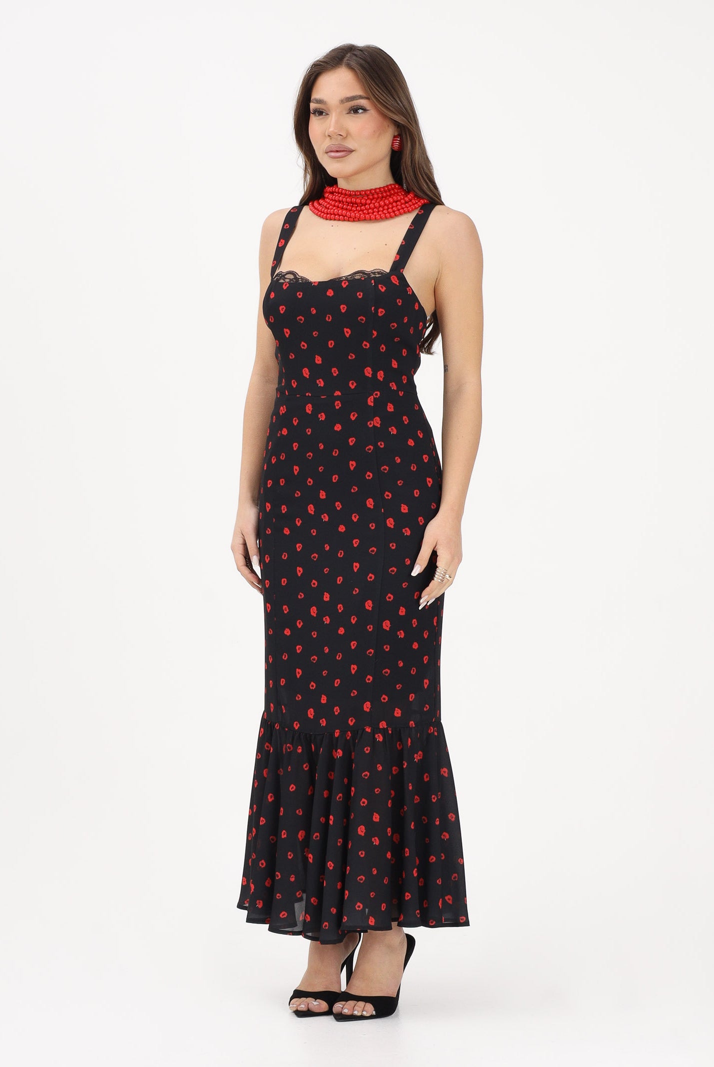 MAR DE MARGARITAS Abito midi Denise nero da donna con micro stampa floreale rossa MMABW01564 NE134 Mar de margaritas