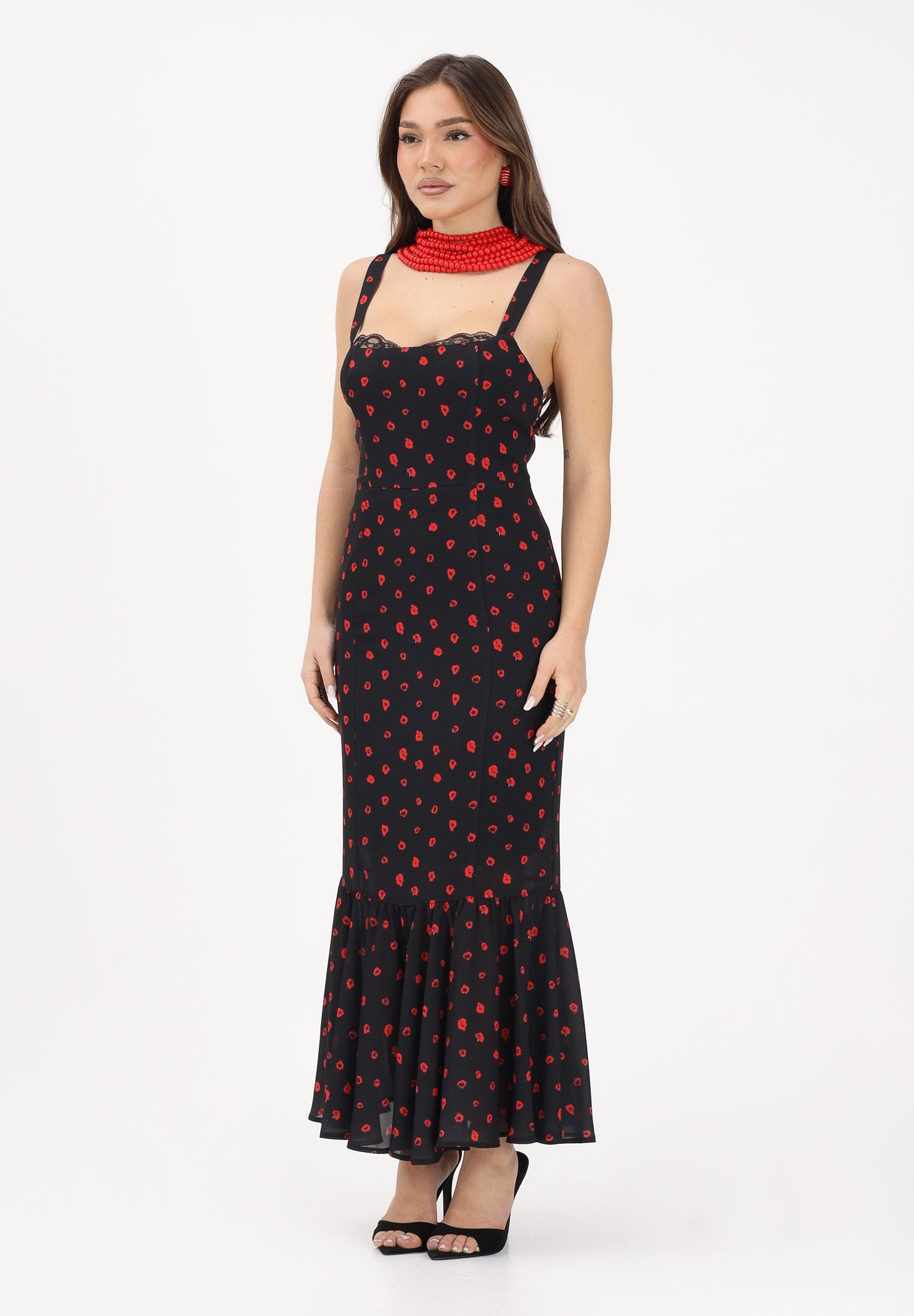 MAR DE MARGARITAS Abito midi Denise nero da donna con micro stampa floreale rossa MMABW01564 NE134 Mar de margaritas