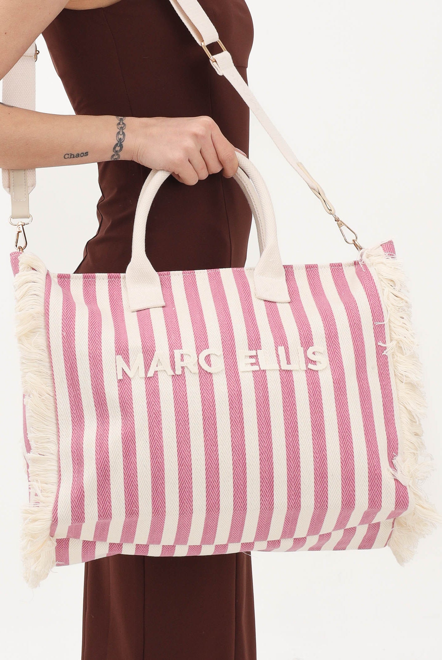 MARC ELLIS Borsa mare rosa e panna da donna con motivo a righe e logo BUBY-S-JOAN CARO MARC ELLIS
