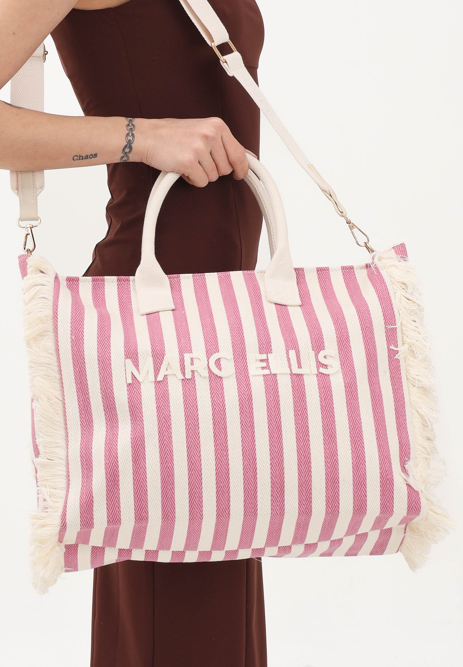 MARC ELLIS Borsa mare rosa e panna da donna con motivo a righe e logo BUBY-S-JOAN CARO MARC ELLIS