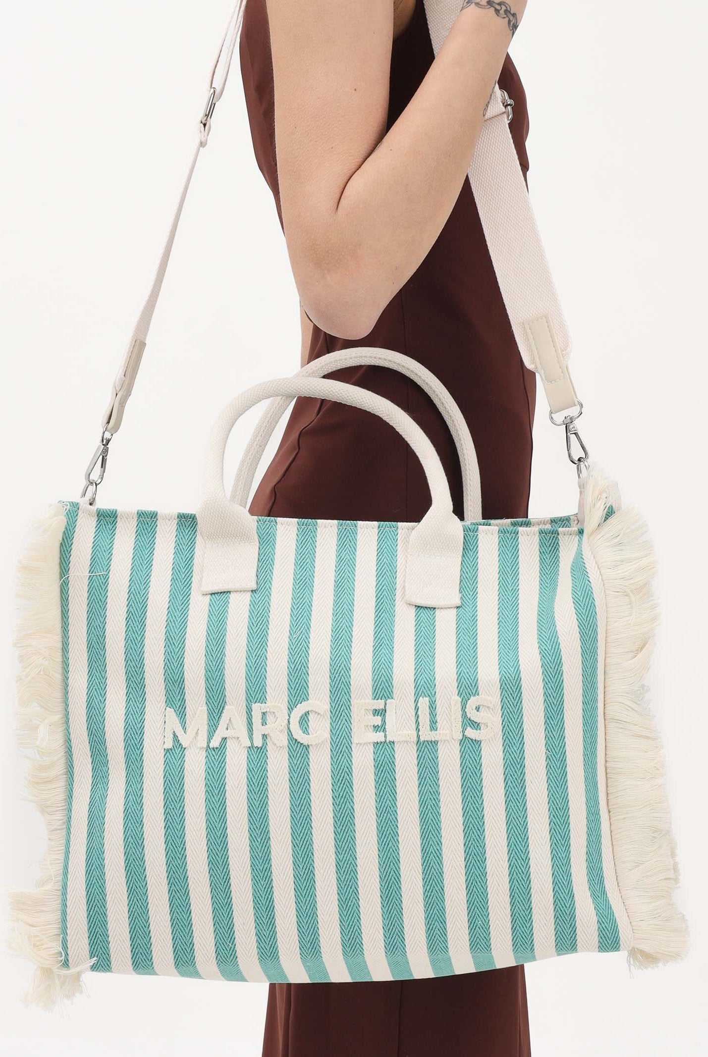 MARC ELLIS Borsa mare verde e panna da donna con motivo a righe e logo BUBY-S-JOAN SOGR MARC ELLIS