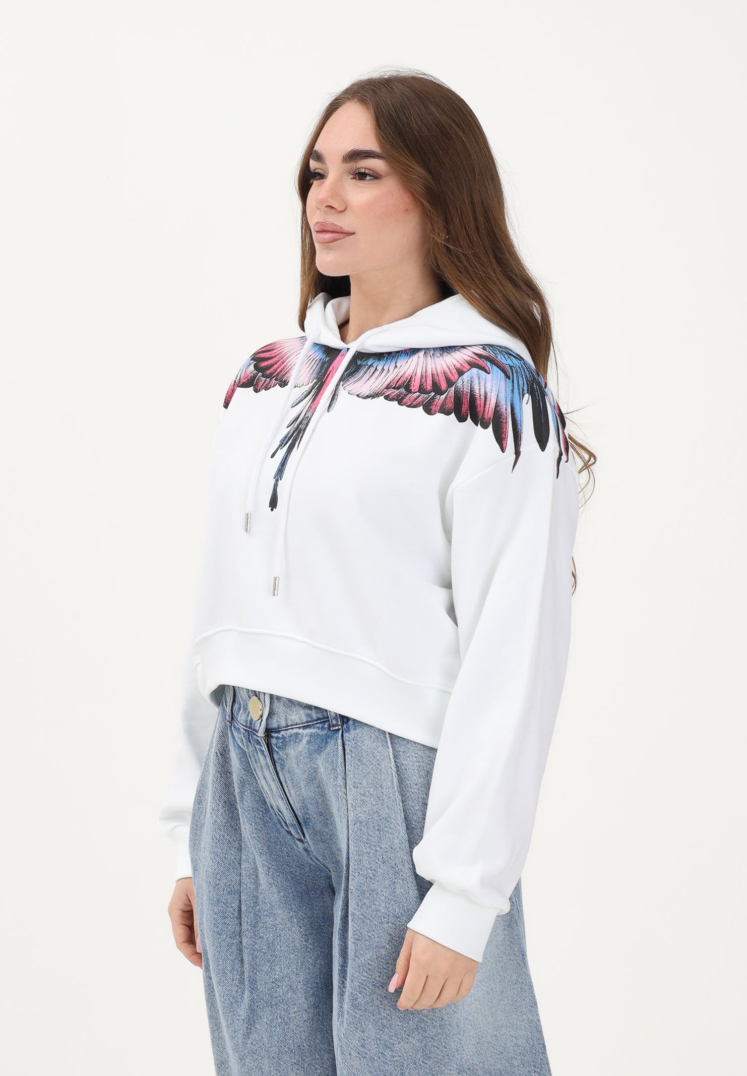 MARCELO BURLON COUNTY OF MILAN Felpa con cappuccio bianca da donna rifinita da stampa ali 26ECM30100 BICERO MARCELO BURLON COUNTY OF MILAN