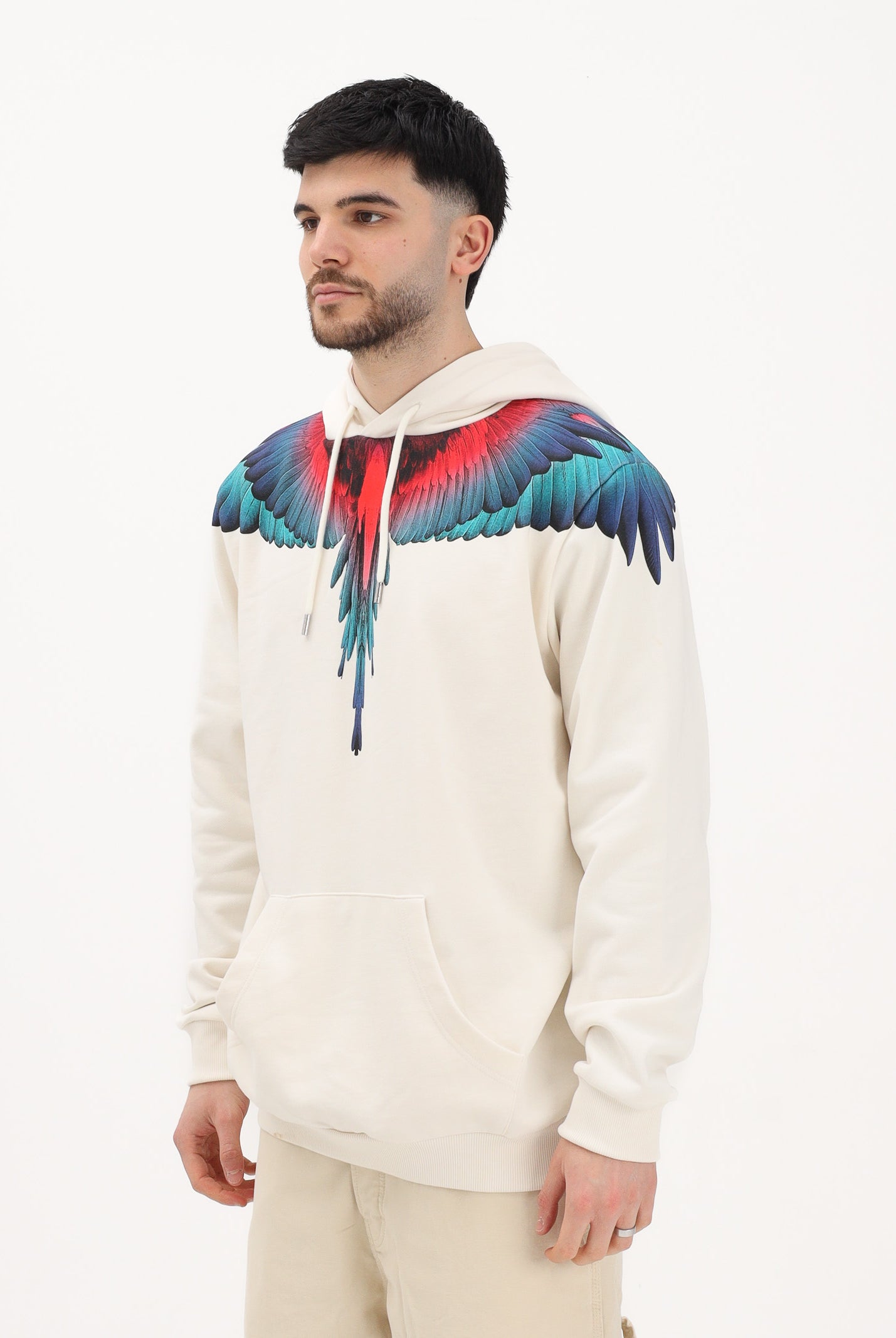 MARCELO BURLON COUNTY OF MILAN Felpa con cappuccio panna da uomo rifinita da stampa ali multicolor S6CMMAHS030 412 MARCELO BURLON COUNTY OF MILAN