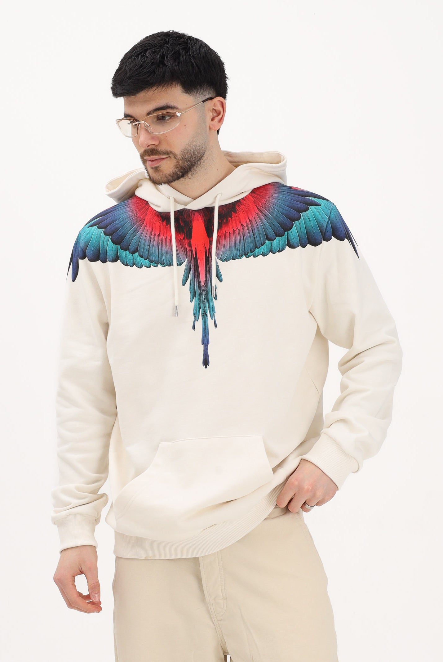 MARCELO BURLON COUNTY OF MILAN Felpa con cappuccio panna da uomo rifinita da stampa ali multicolor S6CMMAHS030 412 MARCELO BURLON COUNTY OF MILAN