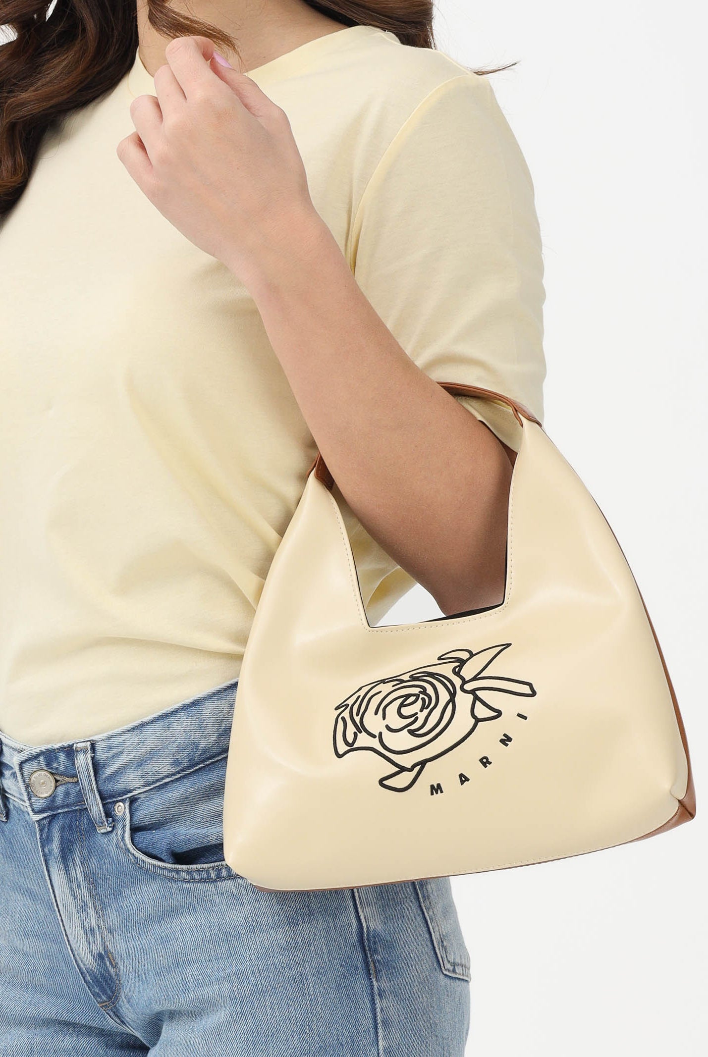 MARNI Borsa a mano Diamond beige e cuoio da donna con motivo floreale ricamato M01837M00TK 0M105 MARNI