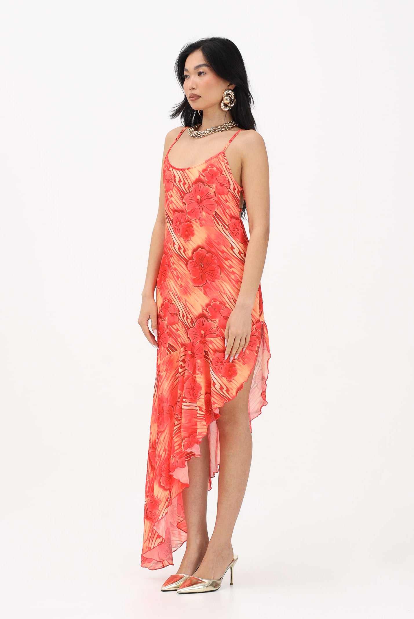 ME FUI Abito asimmetrico da donna caratterizzato da stampa floreale nei toni del rosso e arancio MF26-SW0306X11 . ME FUI