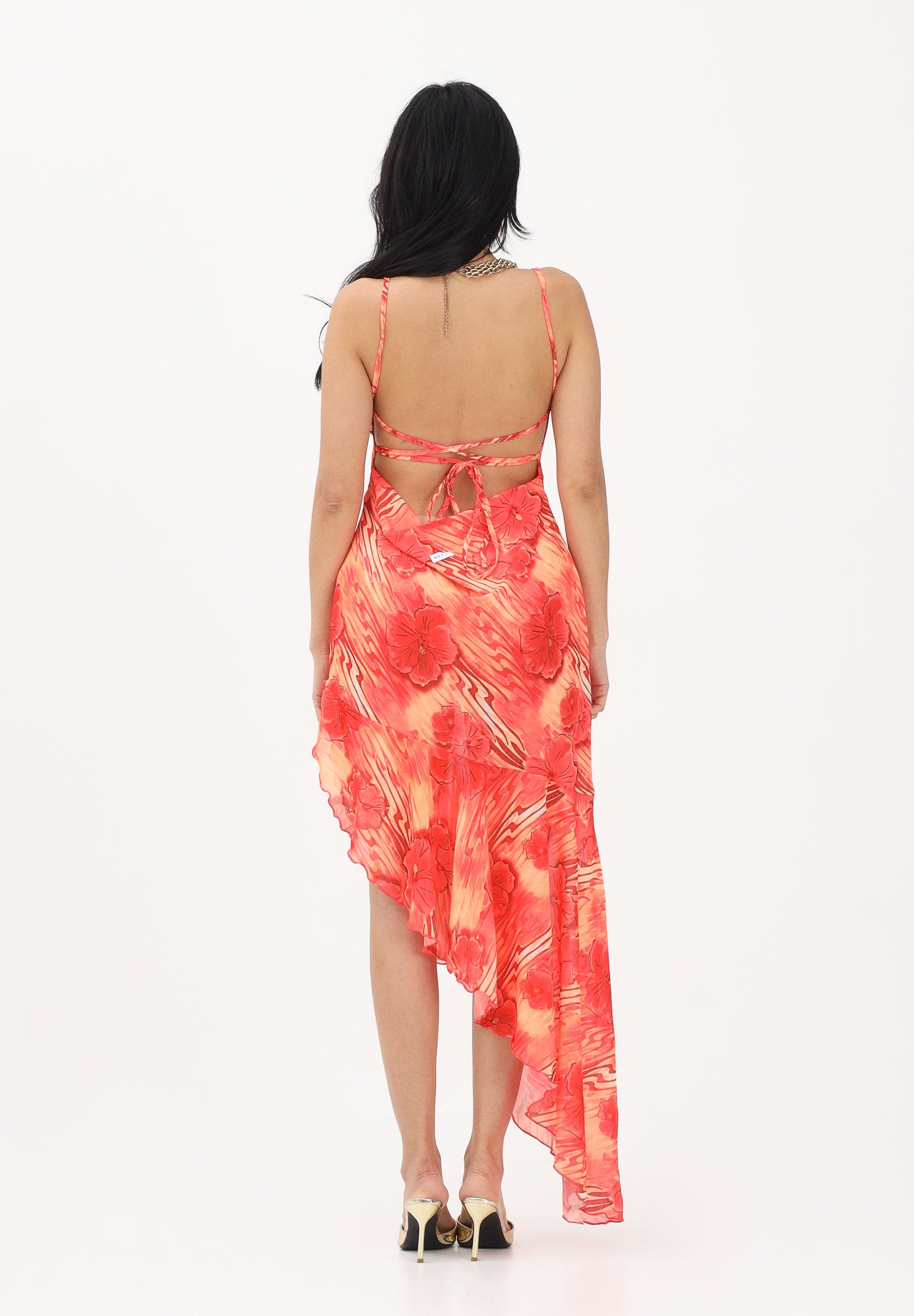 ME FUI Abito asimmetrico da donna caratterizzato da stampa floreale nei toni del rosso e arancio MF26-SW0306X11 . ME FUI