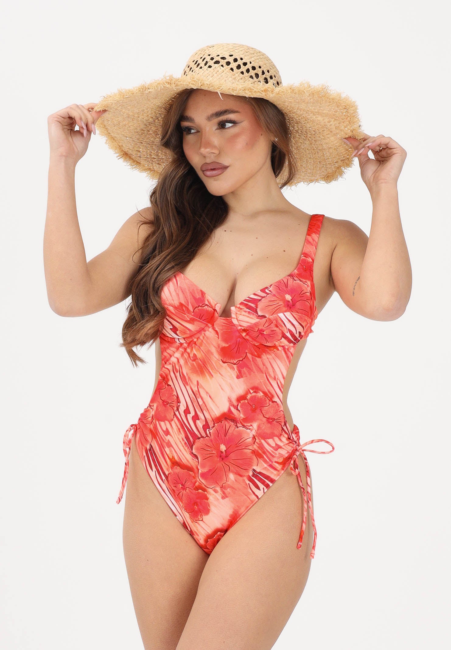 ME FUI Costume intero rosso corallo da donna con stampa floreale MF26-SW0343X12 . ME FUI