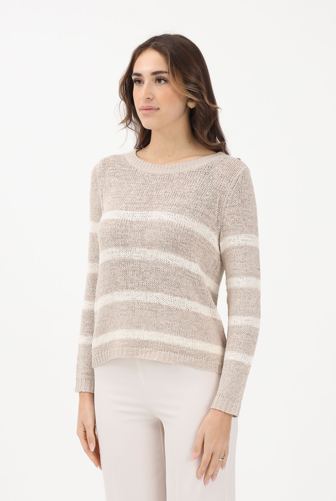 ONLY Maglioncino girocollo beige da donna con motivo a righe panna 15113356 SITA ONLY