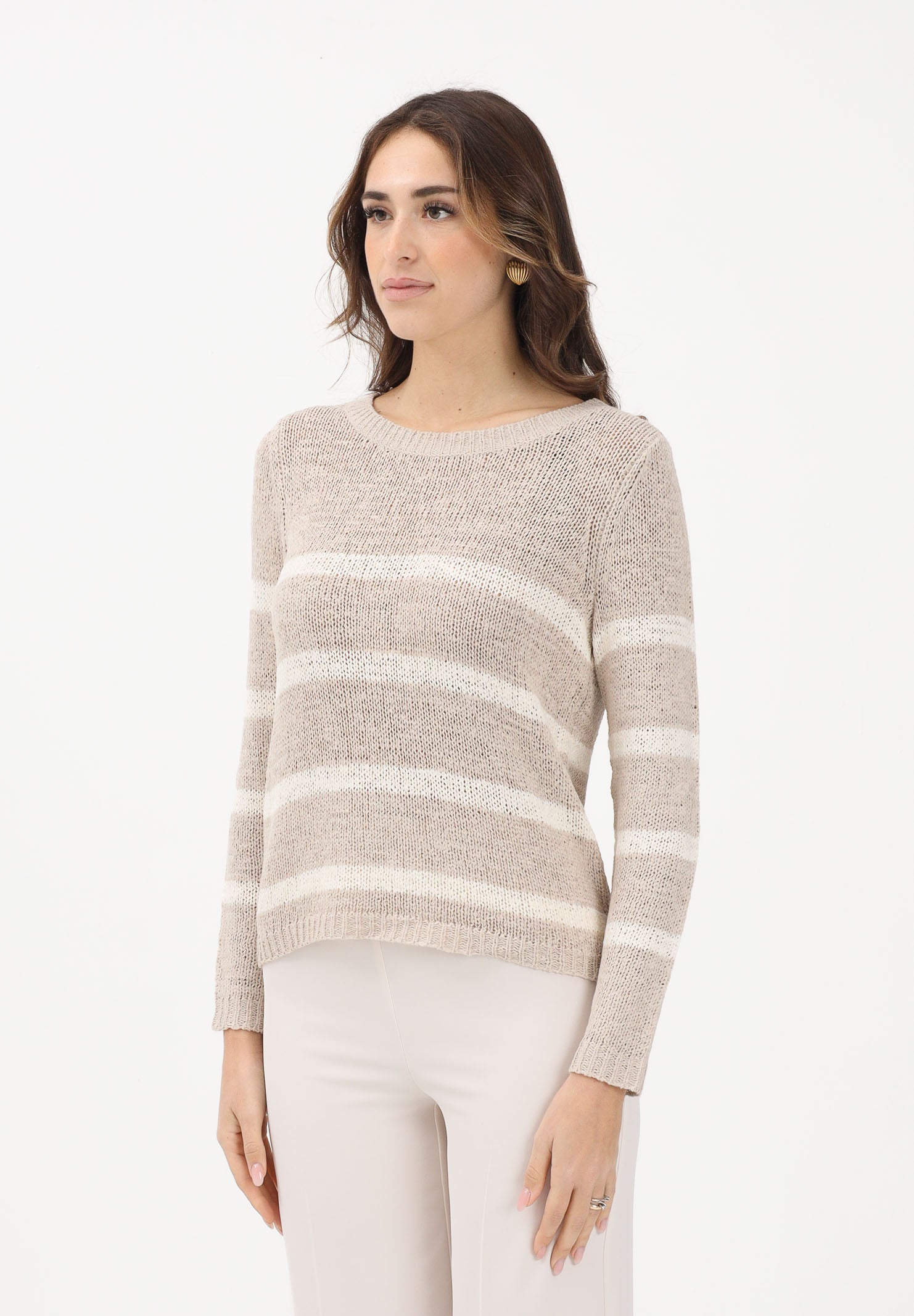 ONLY Maglioncino girocollo beige da donna con motivo a righe panna 15113356 SITA ONLY