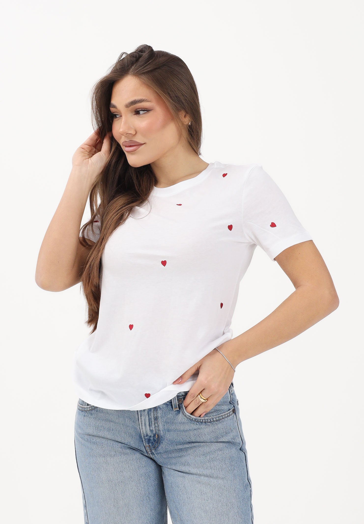 ONLY T-shirt a manica corta bianca da donna con ricamo cuori 15288473 BRWIHE ONLY