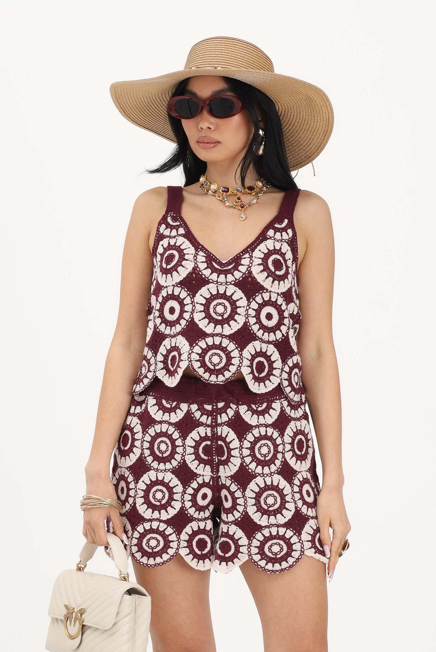 ONLY Top bordeaux e panna da donna in tessuto lavorato tipo crochet 15289731 GRWI ONLY