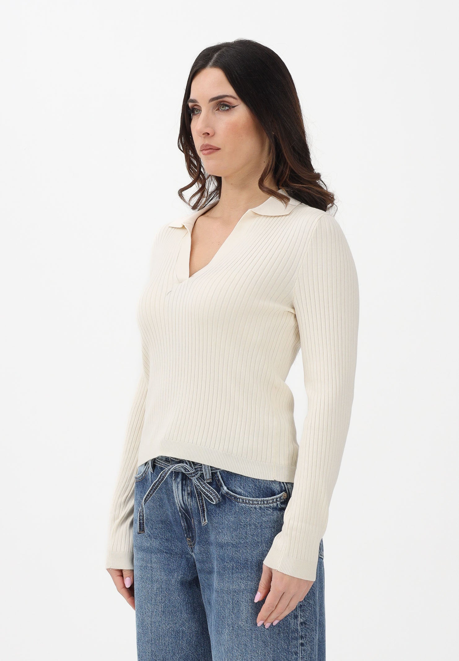 ONLY Maglioncino in tessuto a coste panna da donna stile polo 15344841 BI ONLY