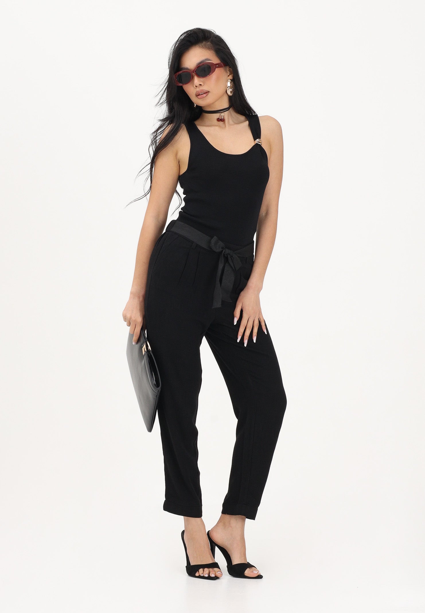 ONLY Pantalone nero da donna con cintura coordinata 15367751 BL ONLY