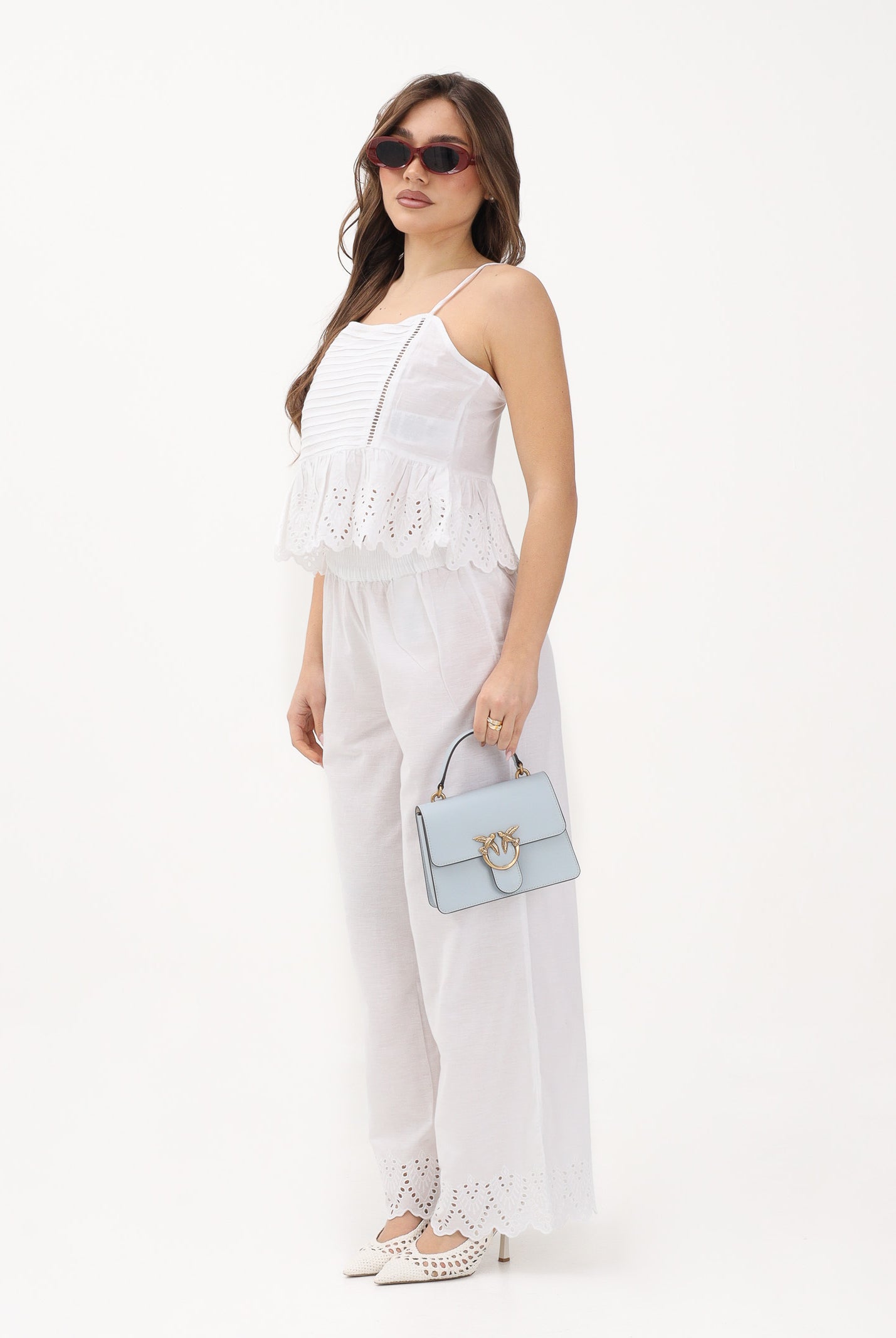 ONLY Top bianco da donna con pieghe decorative e ricamo sangallo 15368892 BRWI ONLY