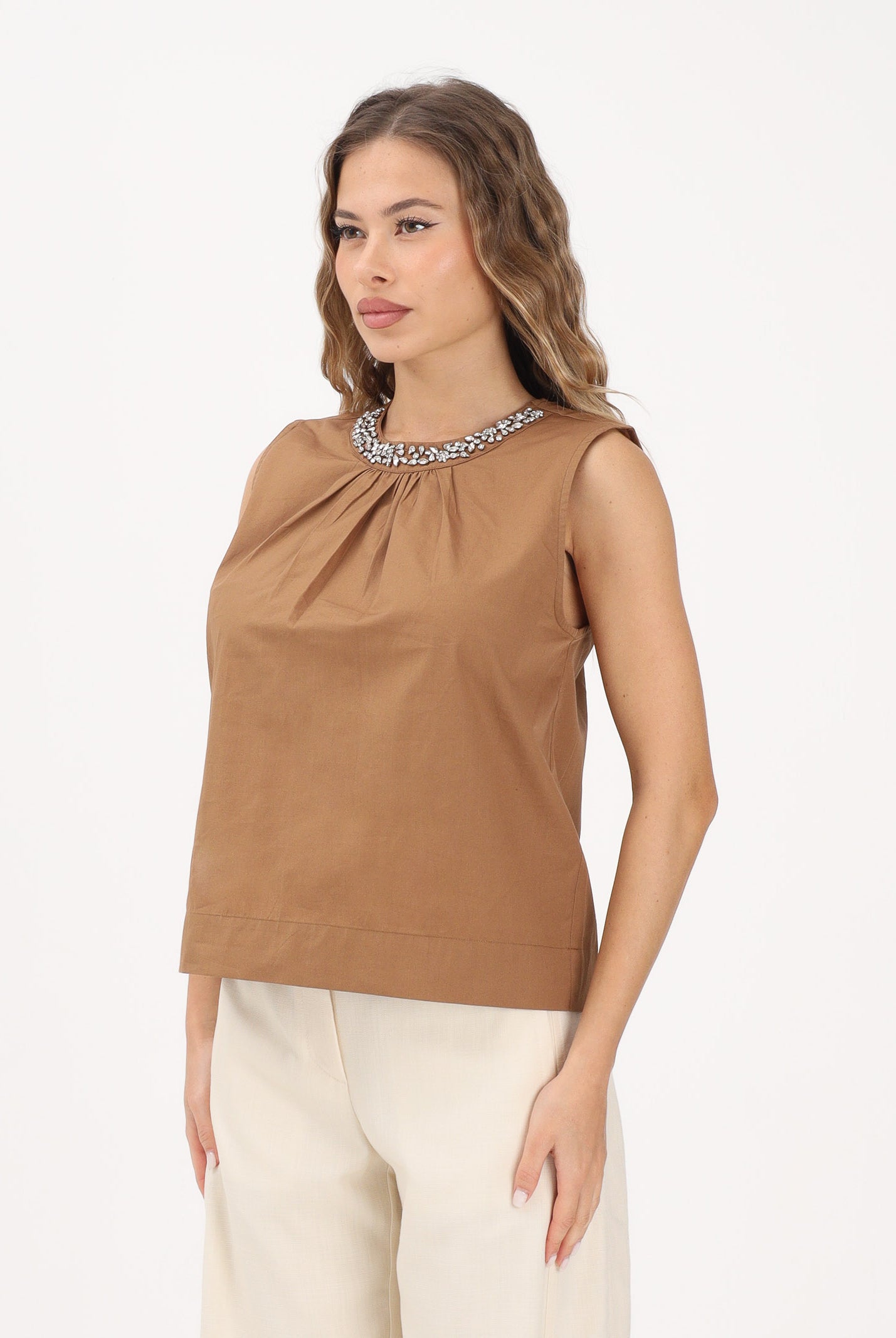 ONLY Top cammello da donna con dettaglio gioiello sullo scollo 15371623 TOCO ONLY