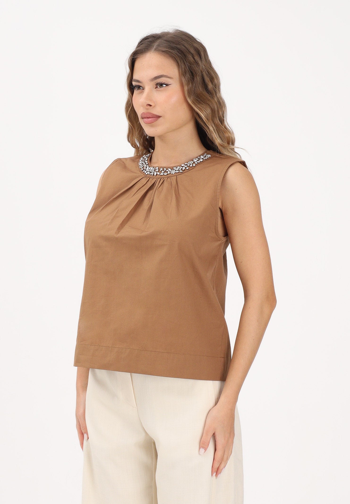 ONLY Top cammello da donna con dettaglio gioiello sullo scollo 15371623 TOCO ONLY