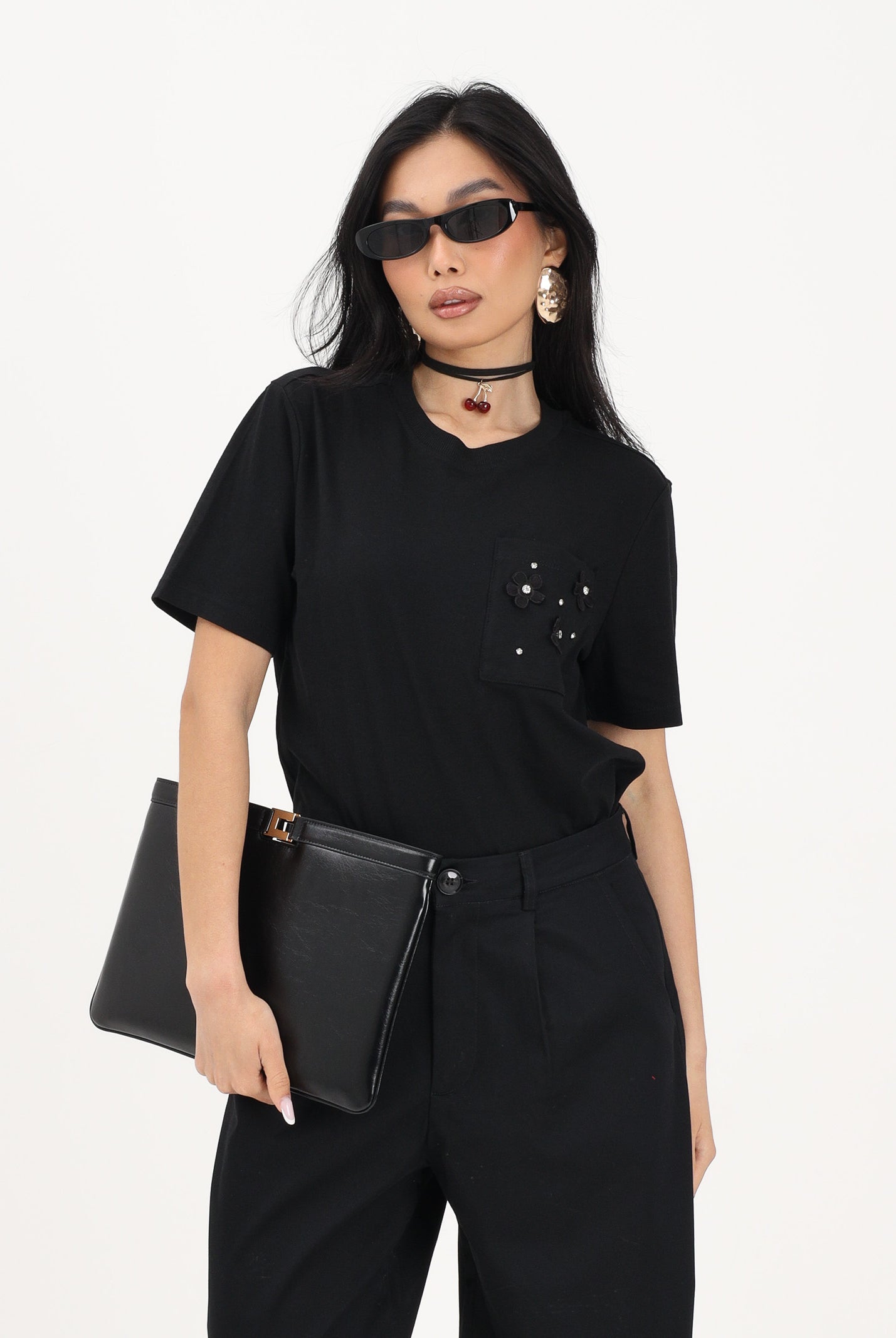 ONLY T-shirt a manica corta nera da donna con taschino decorato 15371980 BLPO ONLY