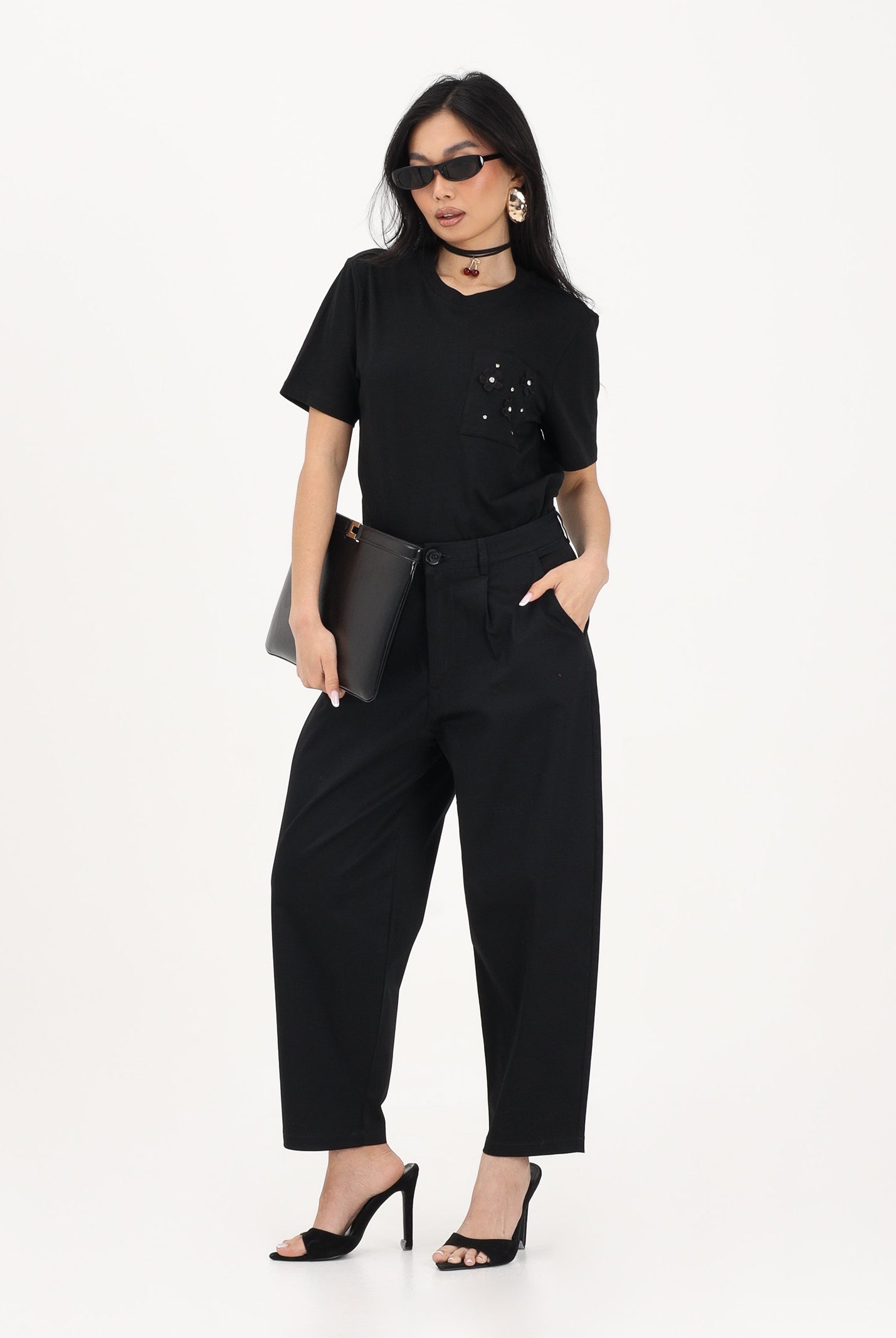 ONLY T-shirt a manica corta nera da donna con taschino decorato 15371980 BLPO ONLY